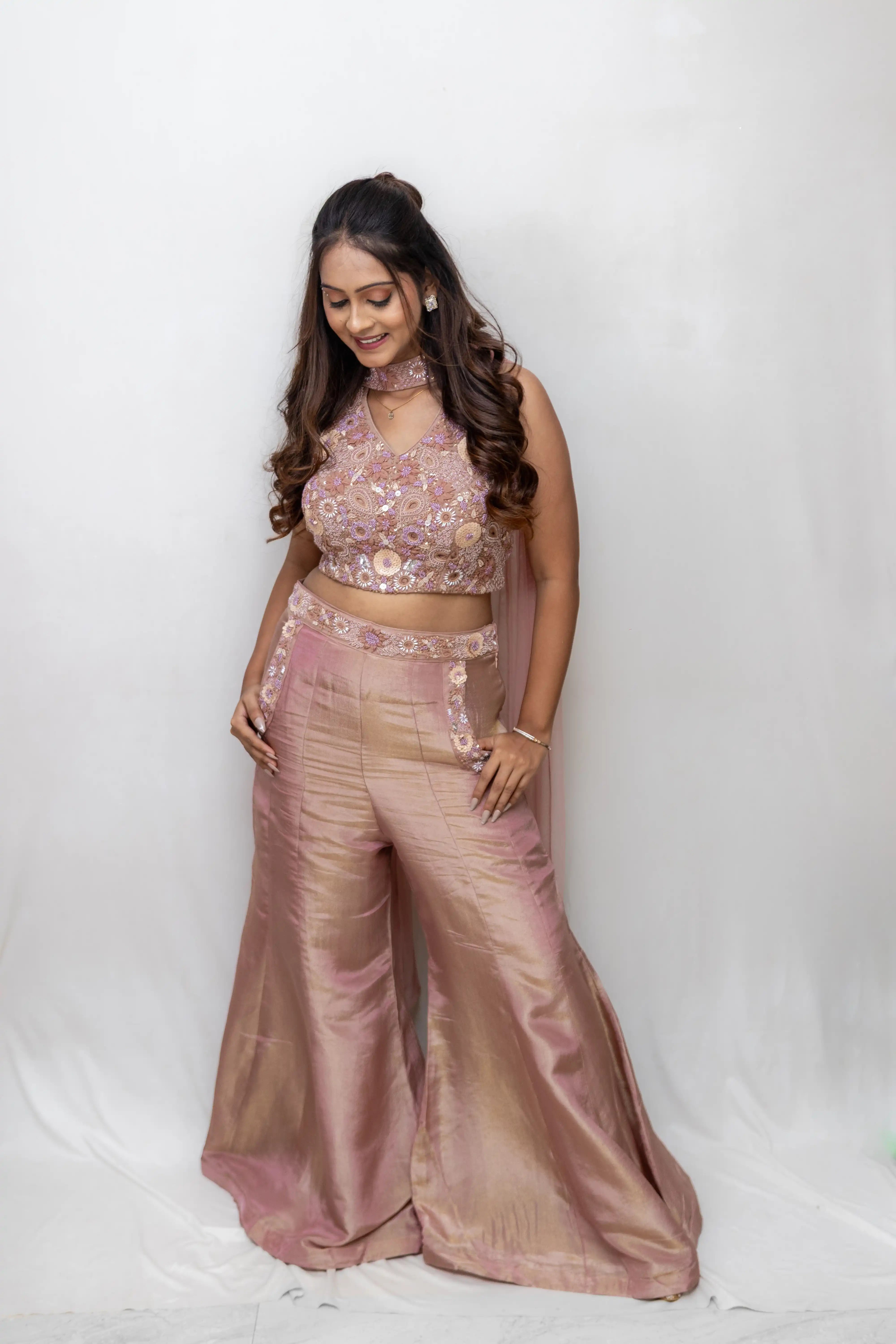 Onion Pink Embroidered Palazzo Suit Set