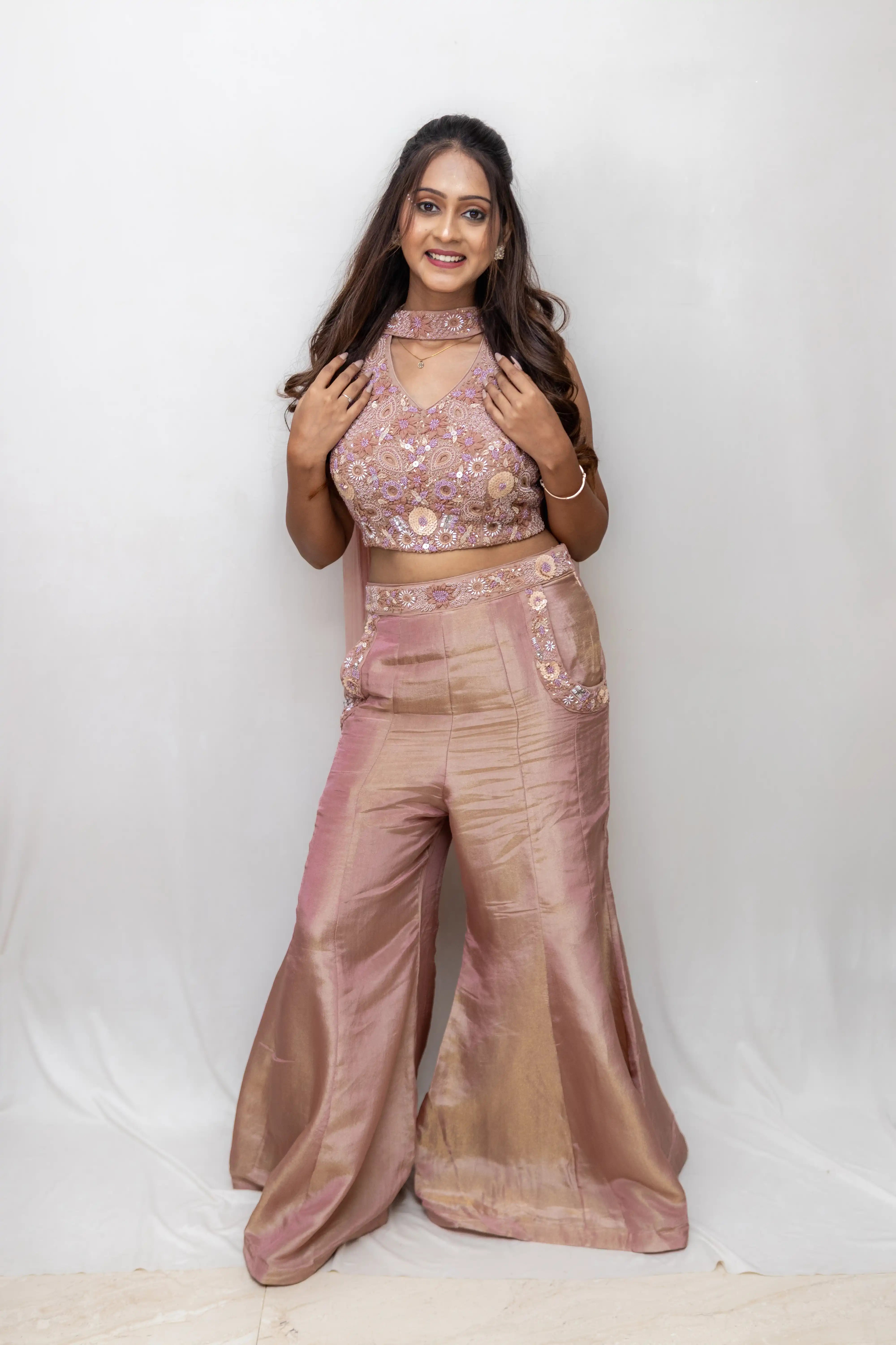 Onion Pink Embroidered Palazzo Suit Set