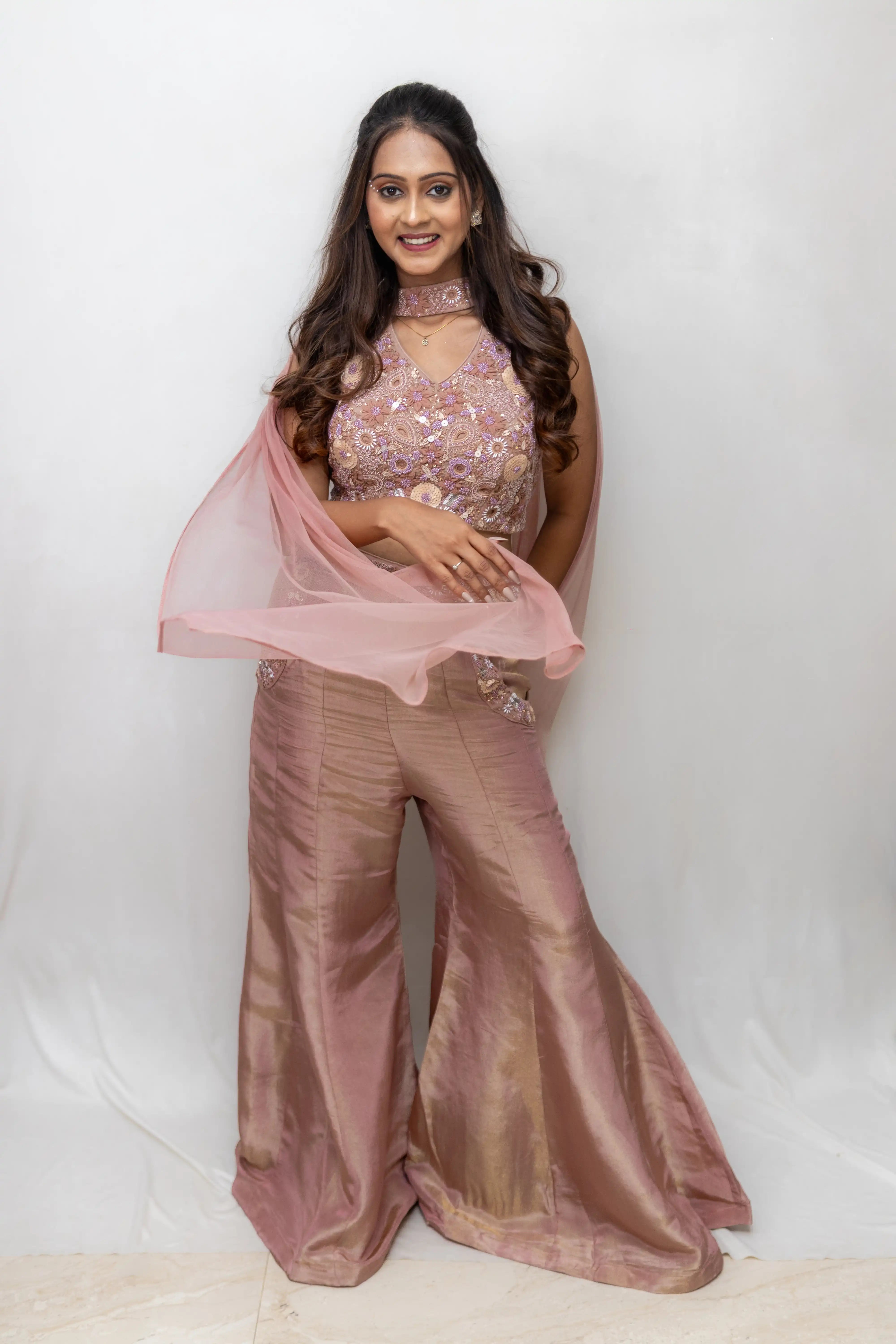 Onion Pink Embroidered Palazzo Suit Set