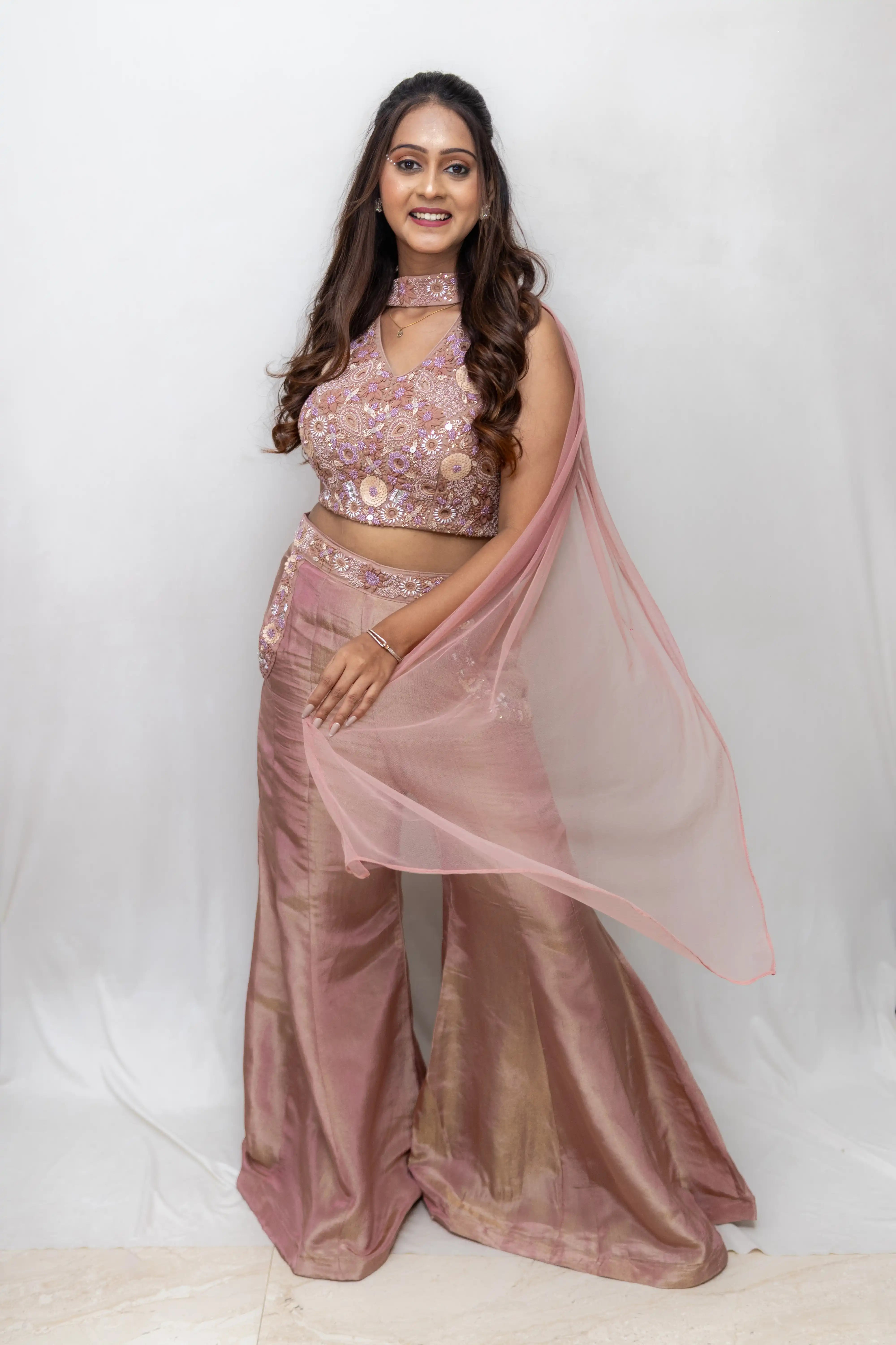 Onion Pink Embroidered Palazzo Suit Set