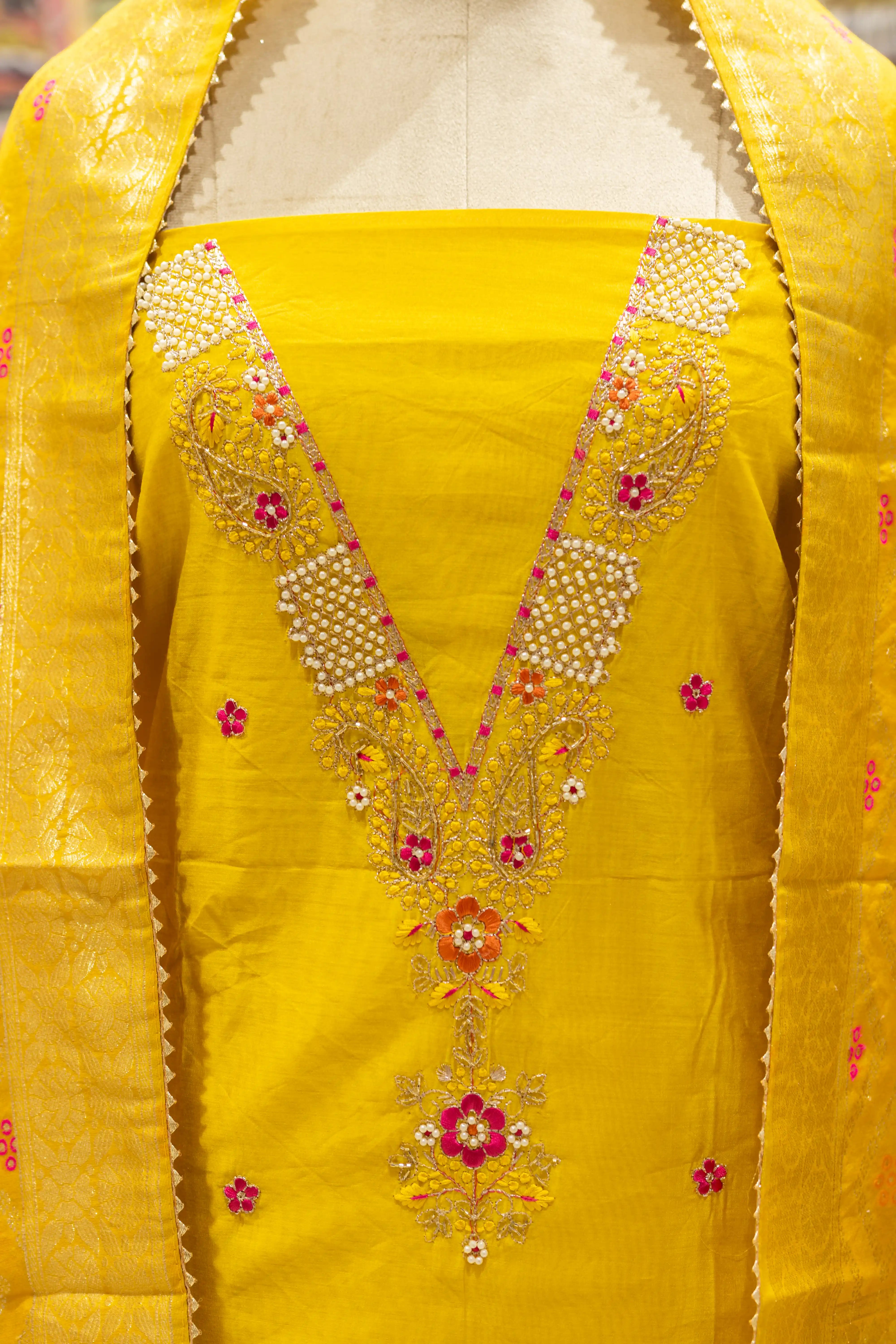 Mustard Yellow Embroidered Dress Material with Designer Dupatta