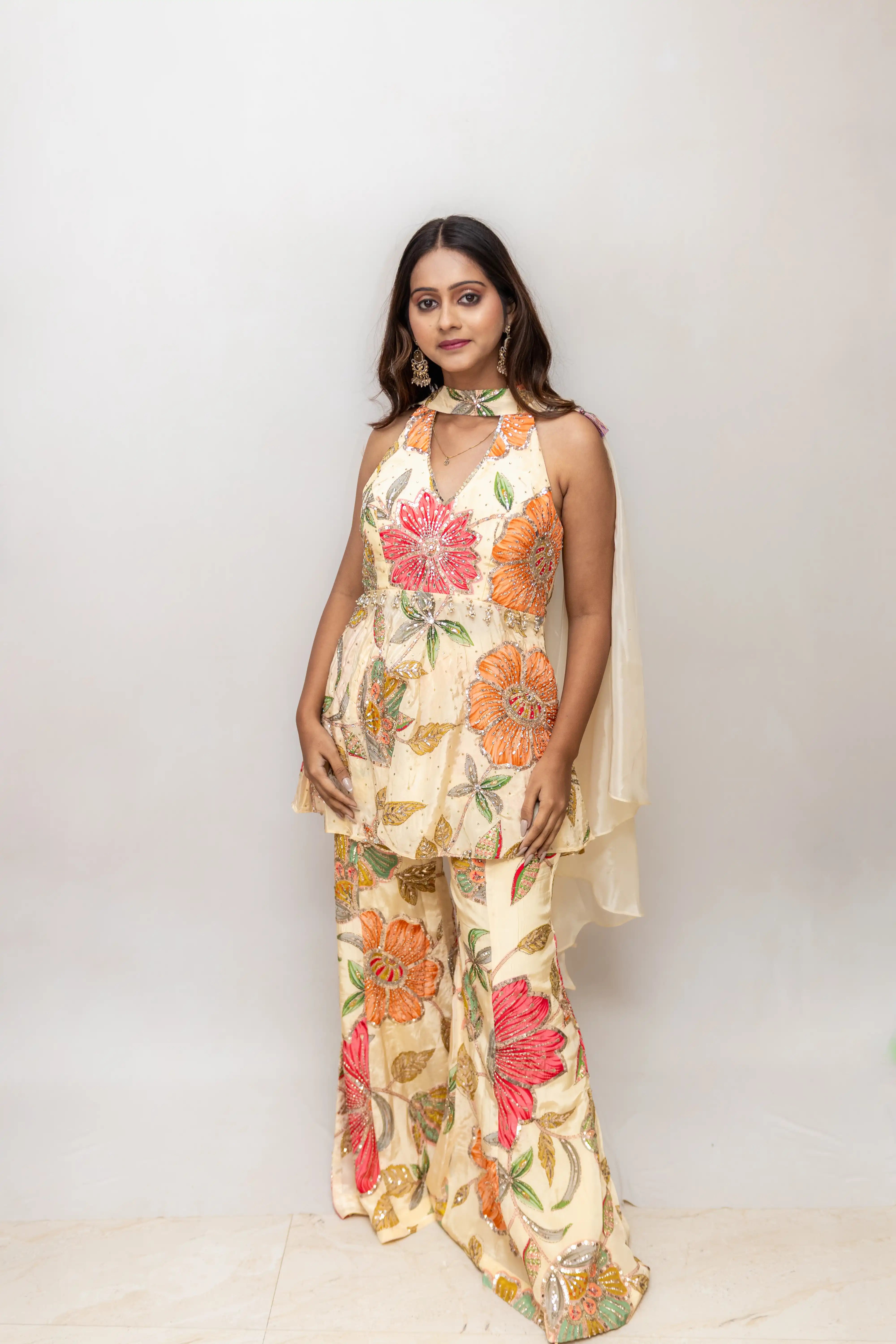 Cream Floral Embroidered Palazzo Suit Set