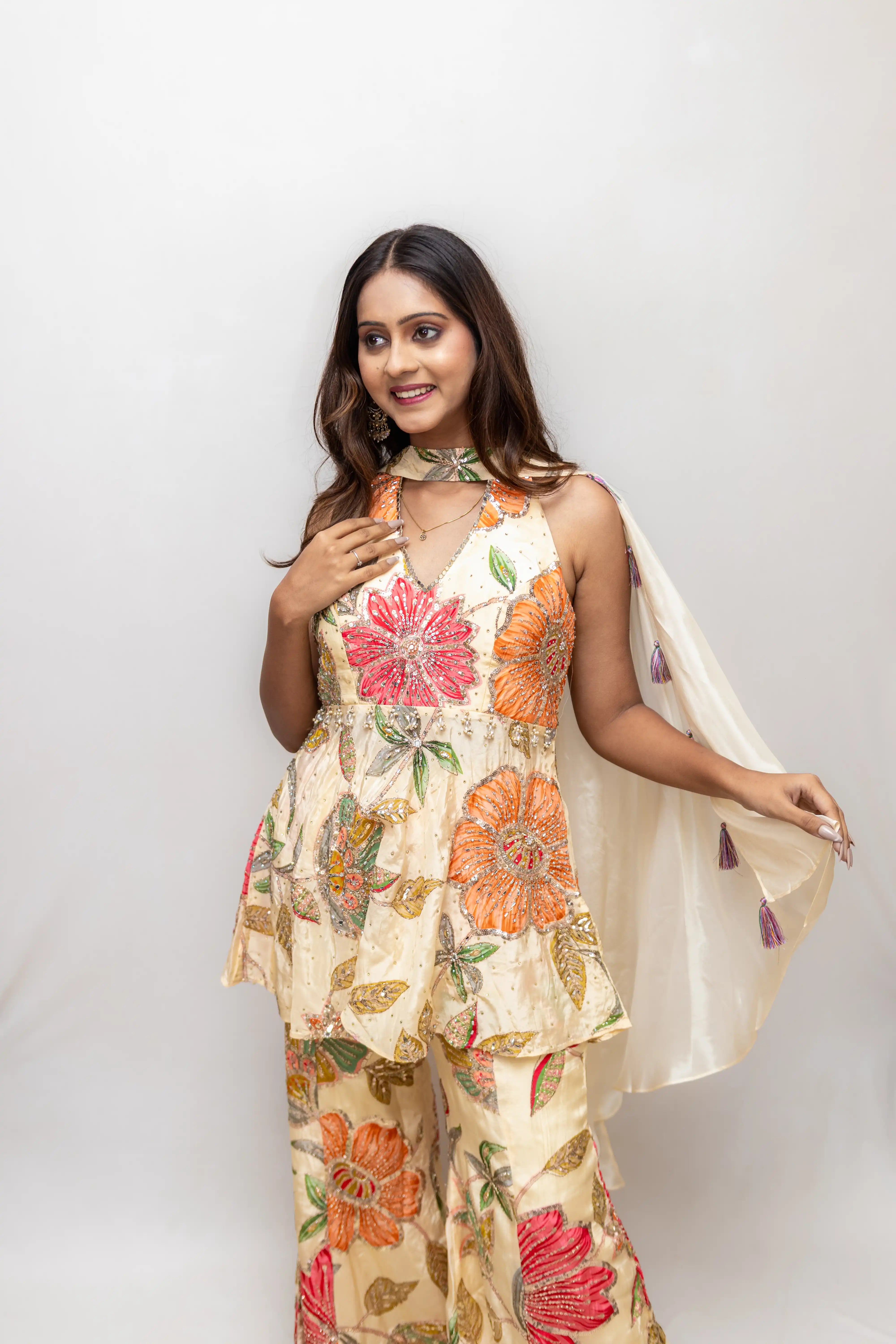 Cream Floral Embroidered Palazzo Suit Set