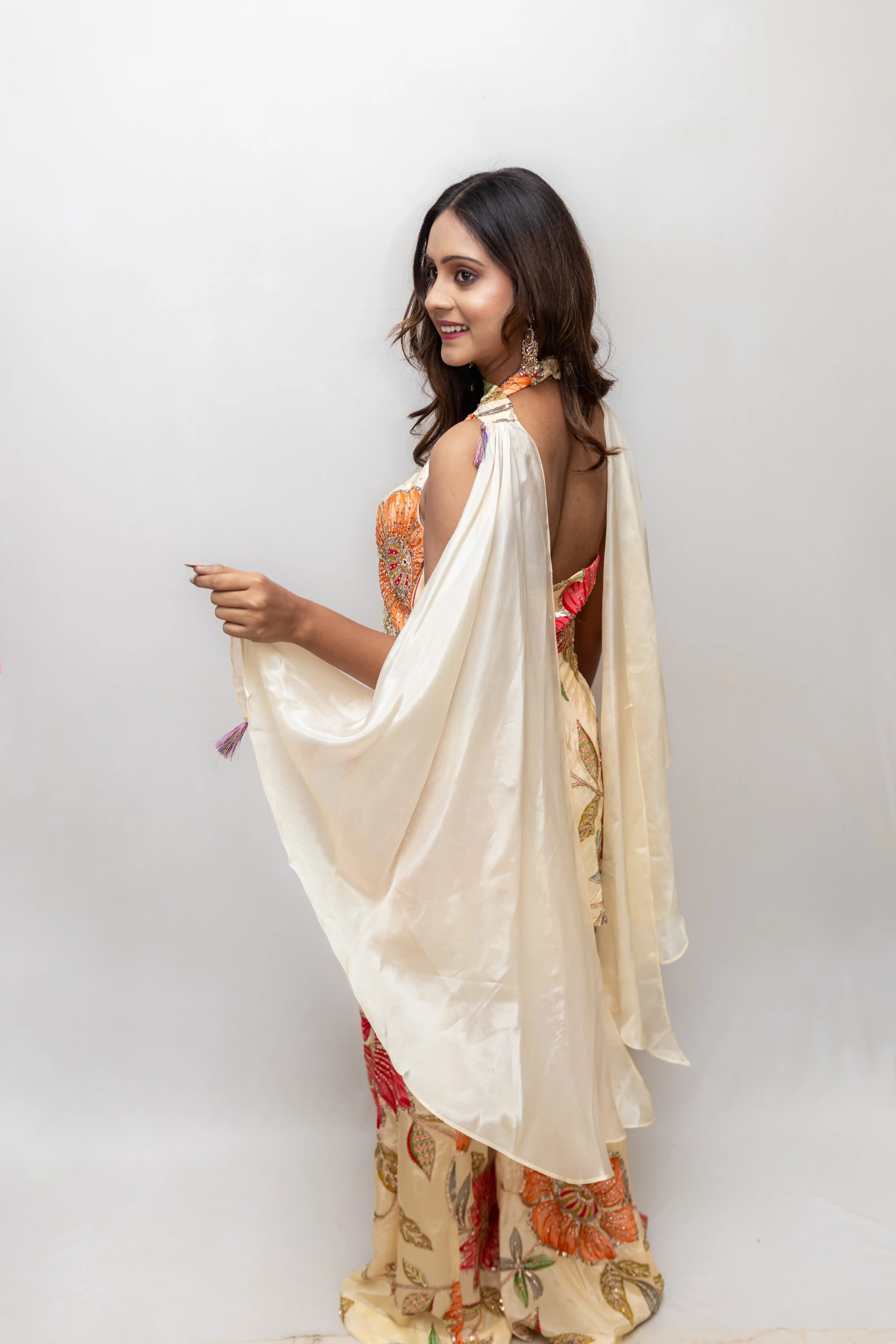 Cream Floral Embroidered Palazzo Suit Set