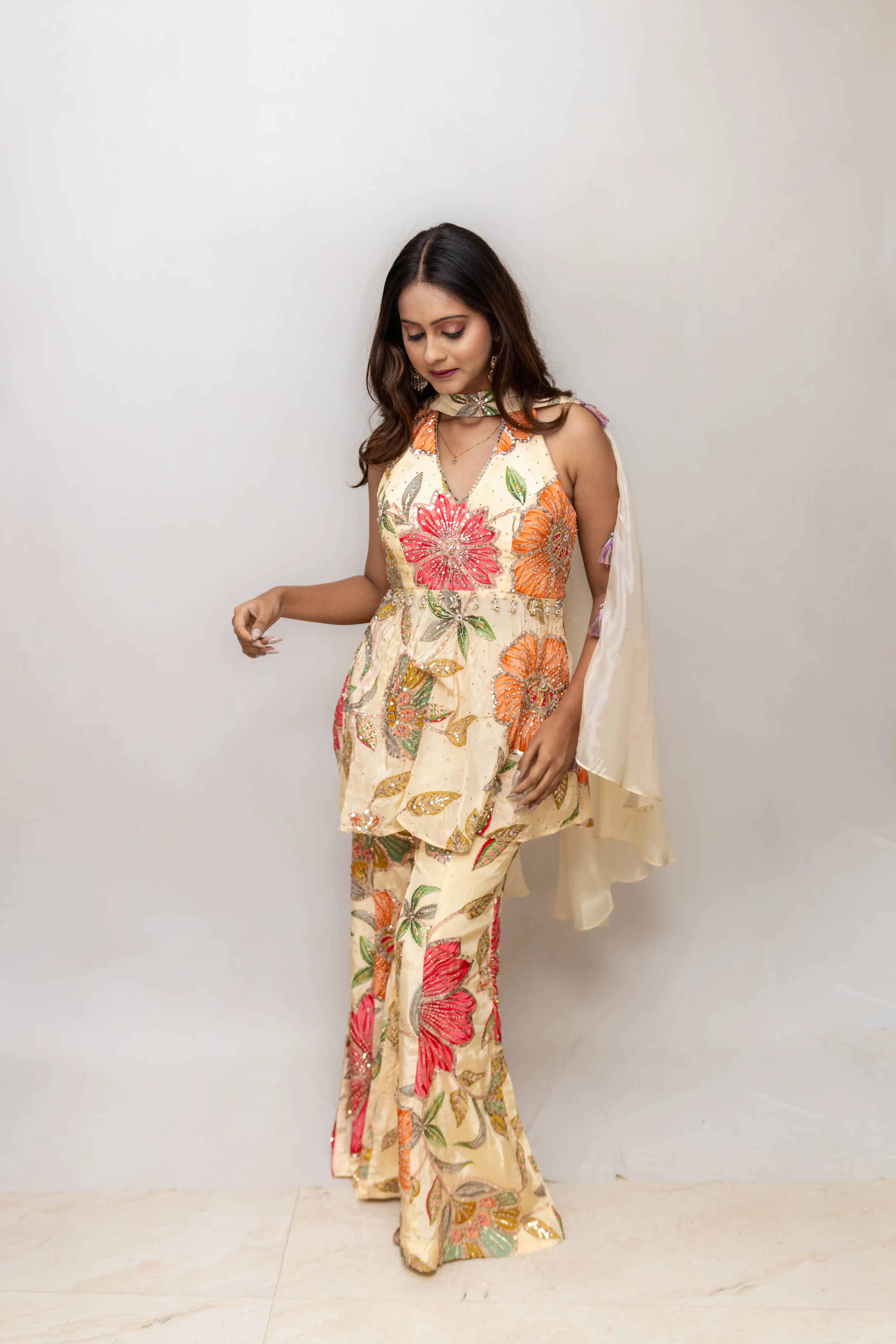Cream Floral Embroidered Palazzo Suit Set