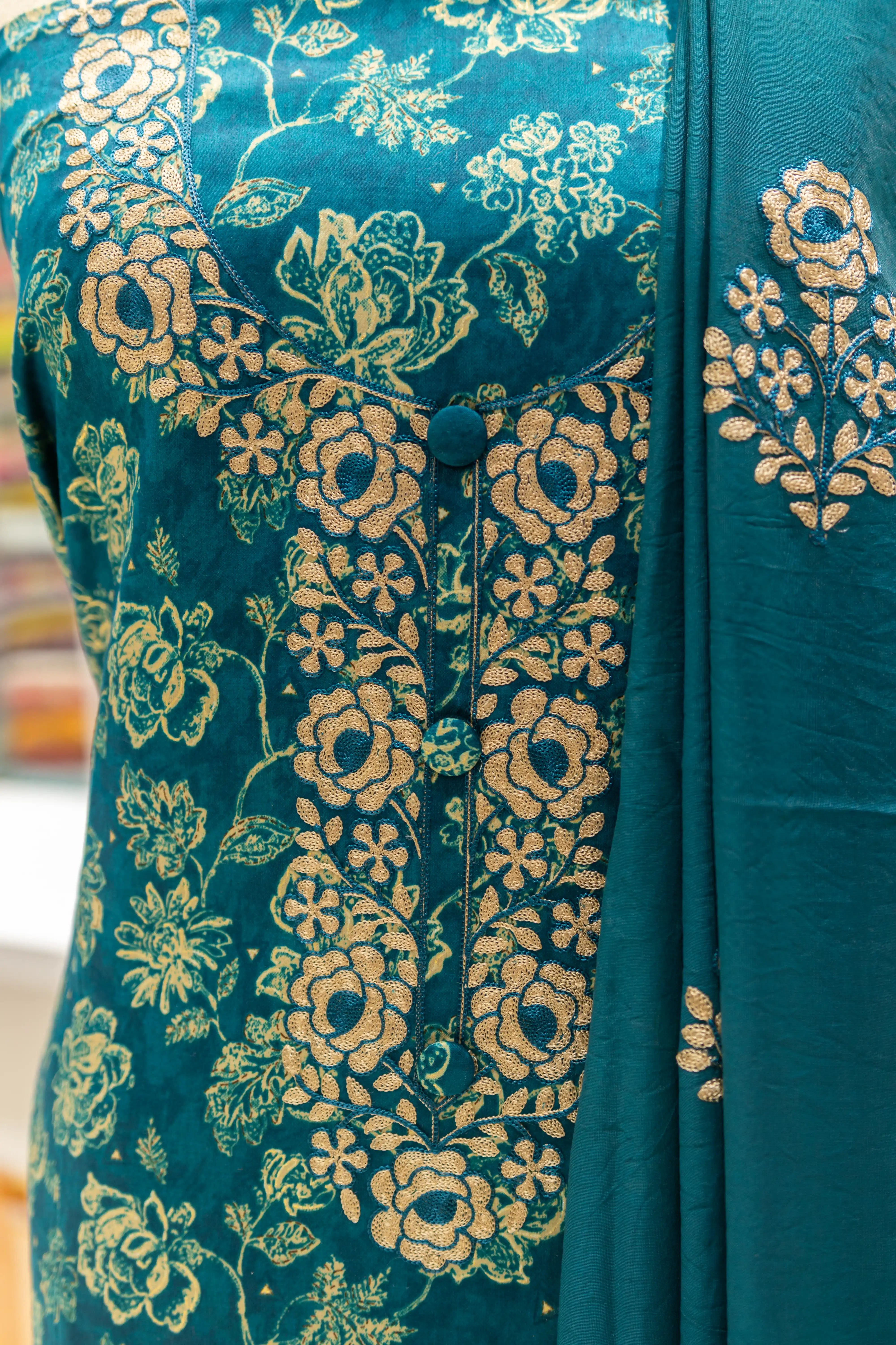 Teal Blue Floral Printed Dress Material