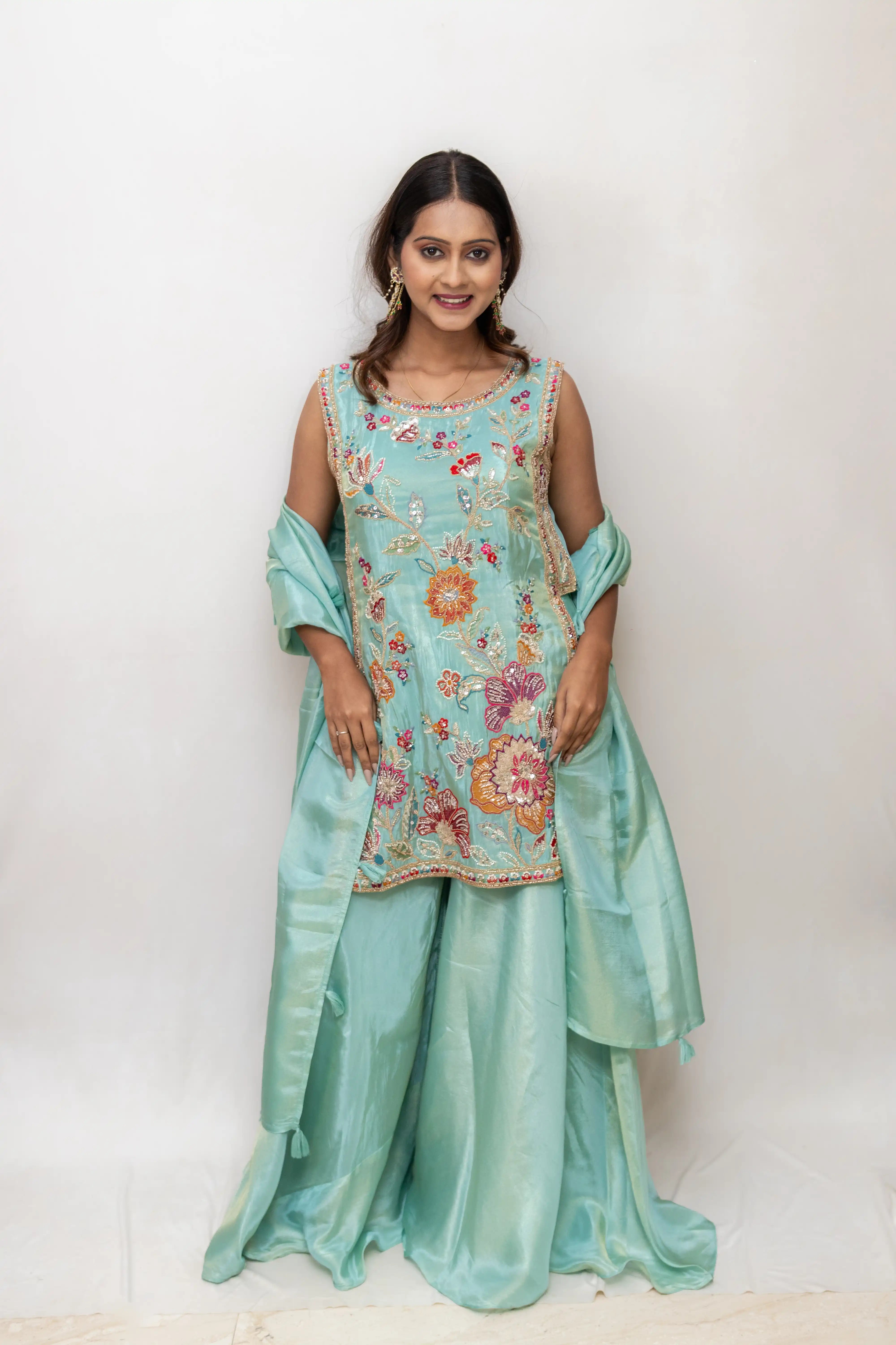 Pista Green Floral Embroidered Palazzo Suit Set