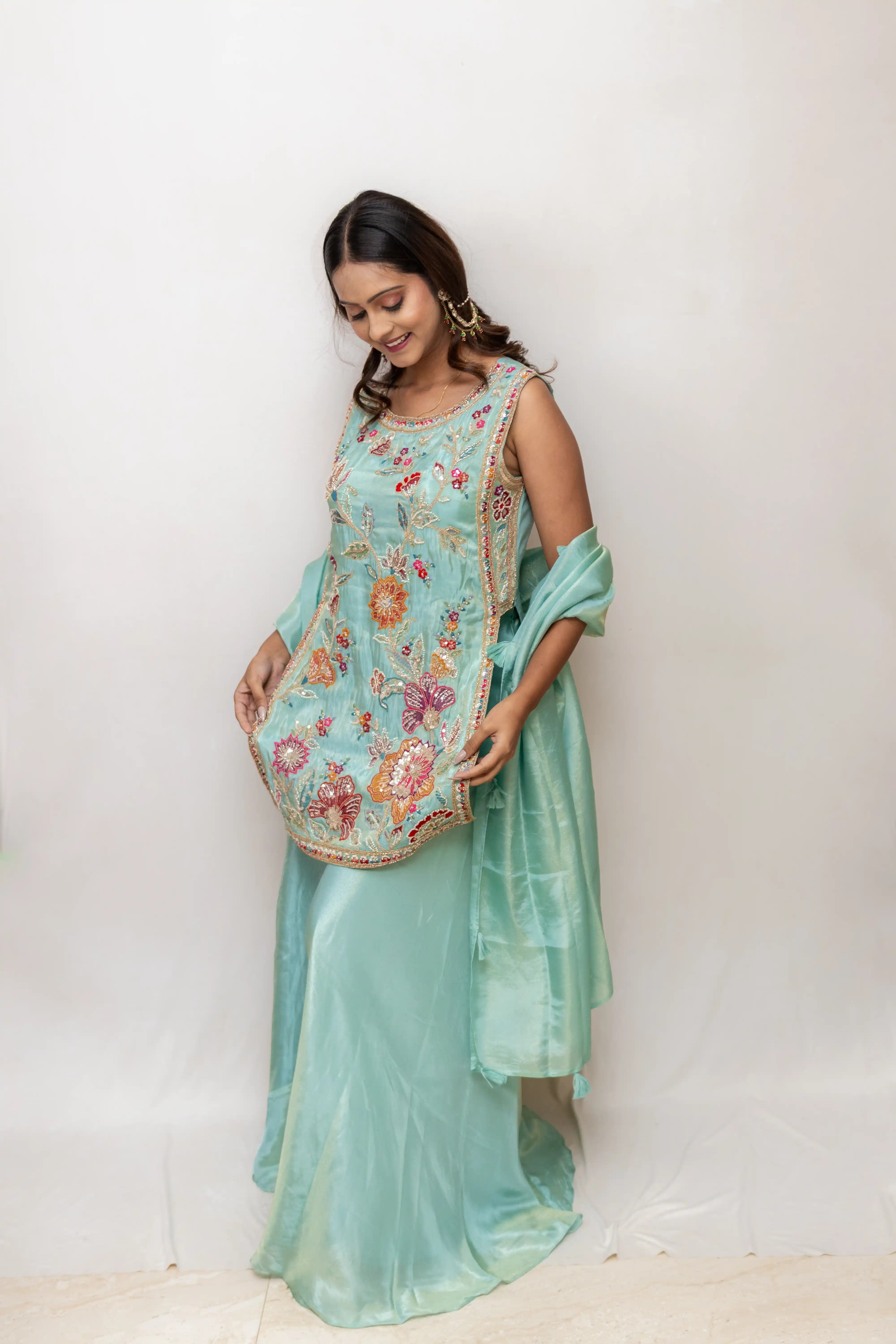 Pista Green Floral Embroidered Palazzo Suit Set