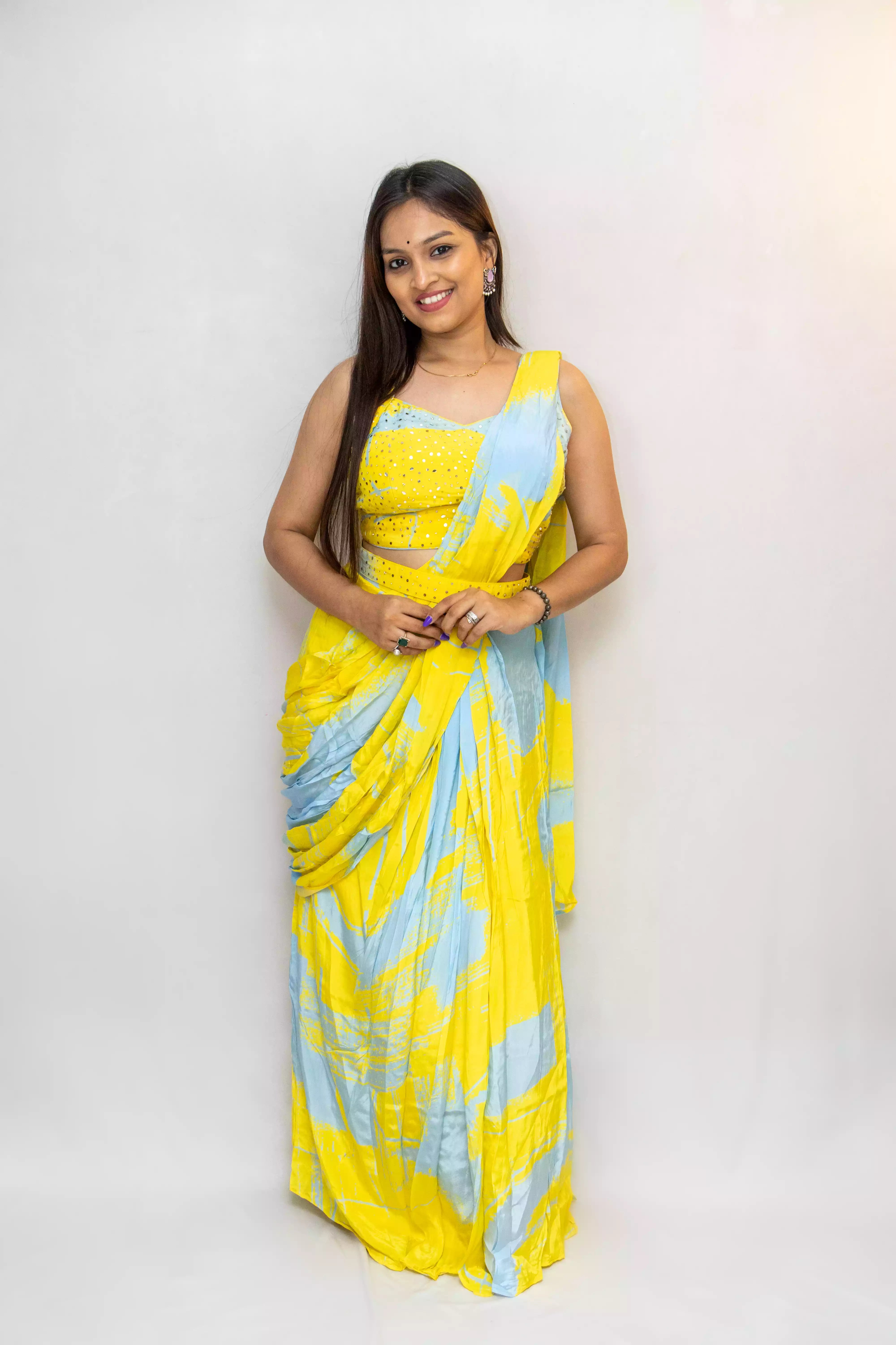 Yellow Crab Draping Skirt with Hand Work