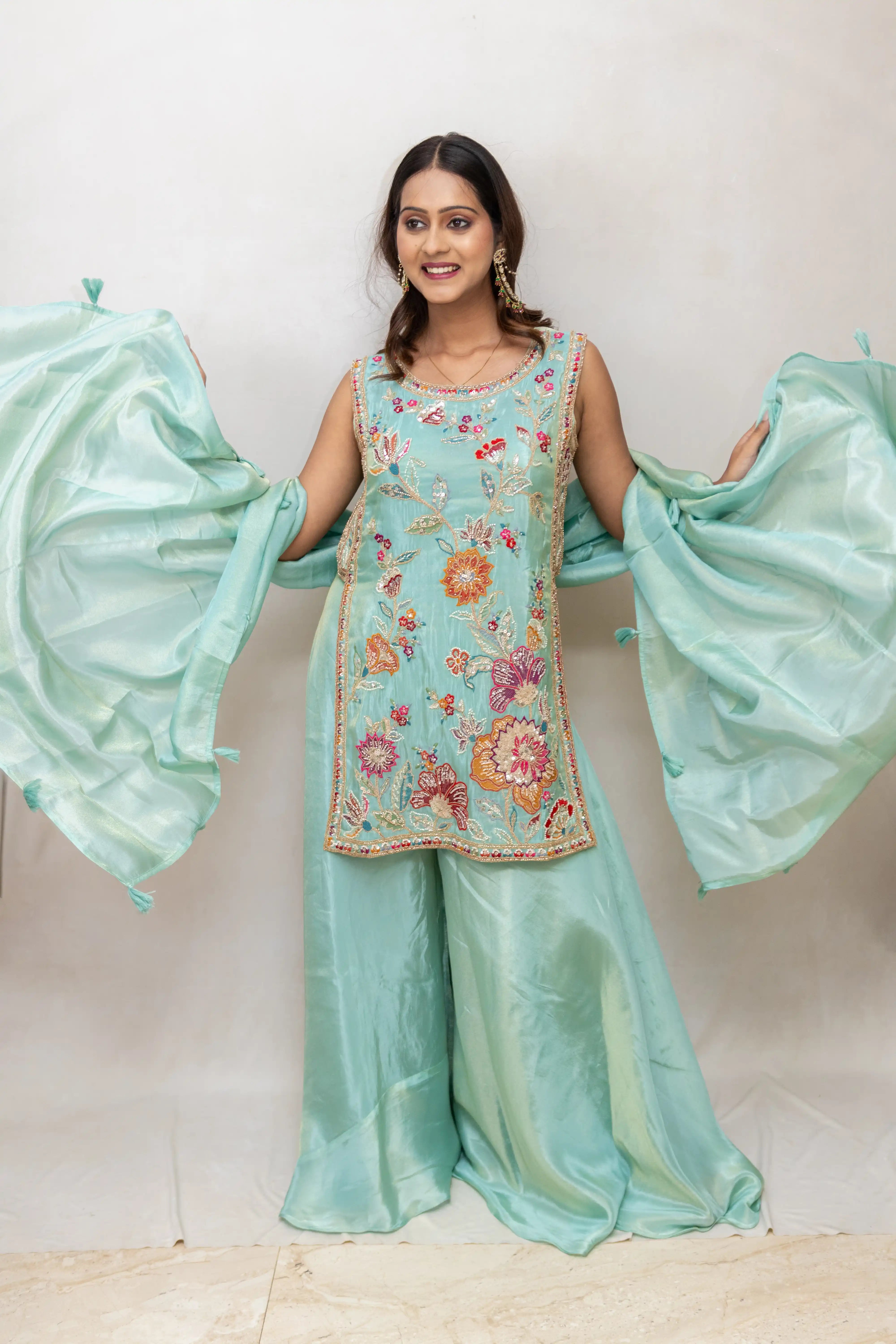 Pista Green Floral Embroidered Palazzo Suit Set