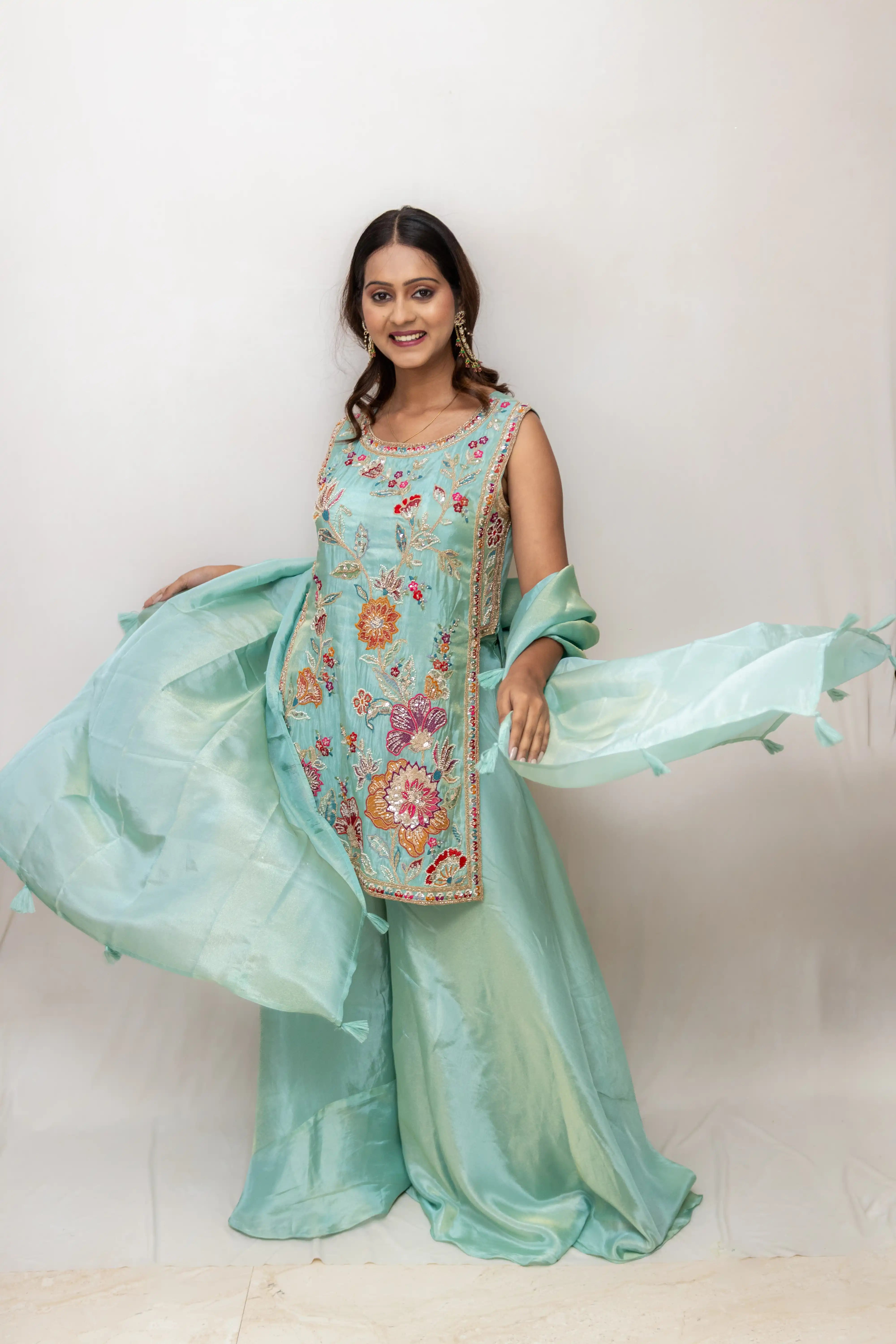 Pista Green Floral Embroidered Palazzo Suit Set