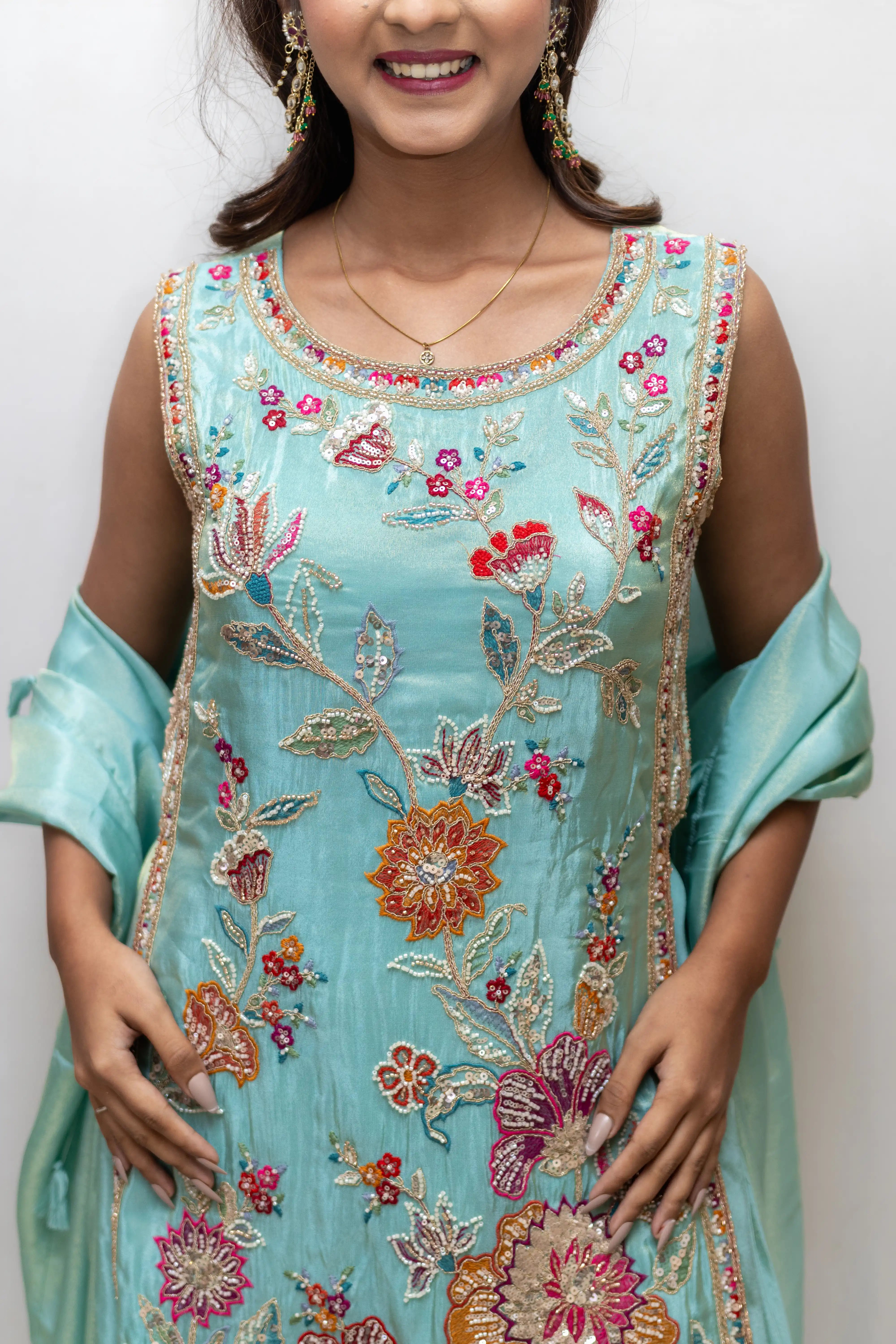 Pista Green Floral Embroidered Palazzo Suit Set
