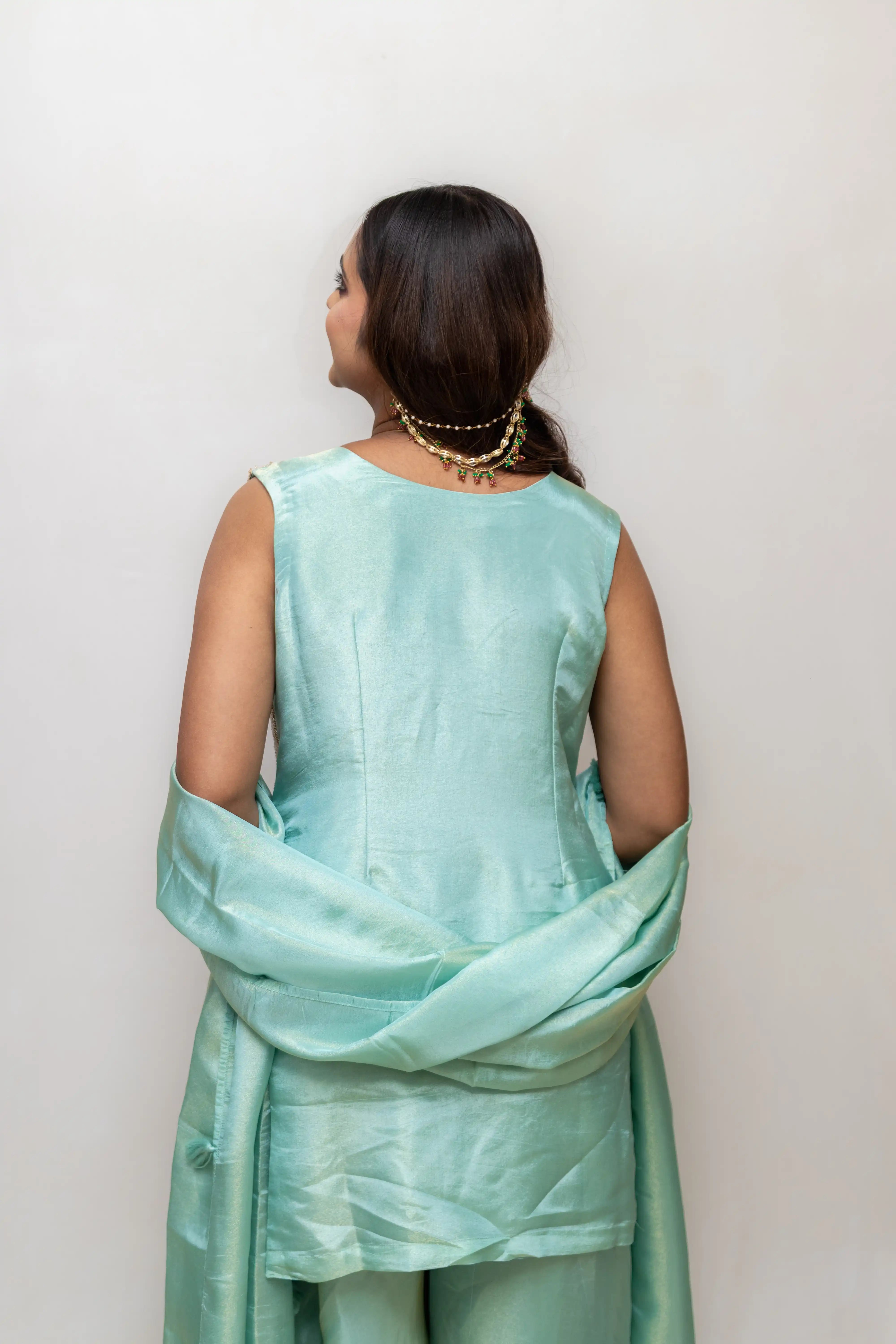 Pista Green Floral Embroidered Palazzo Suit Set