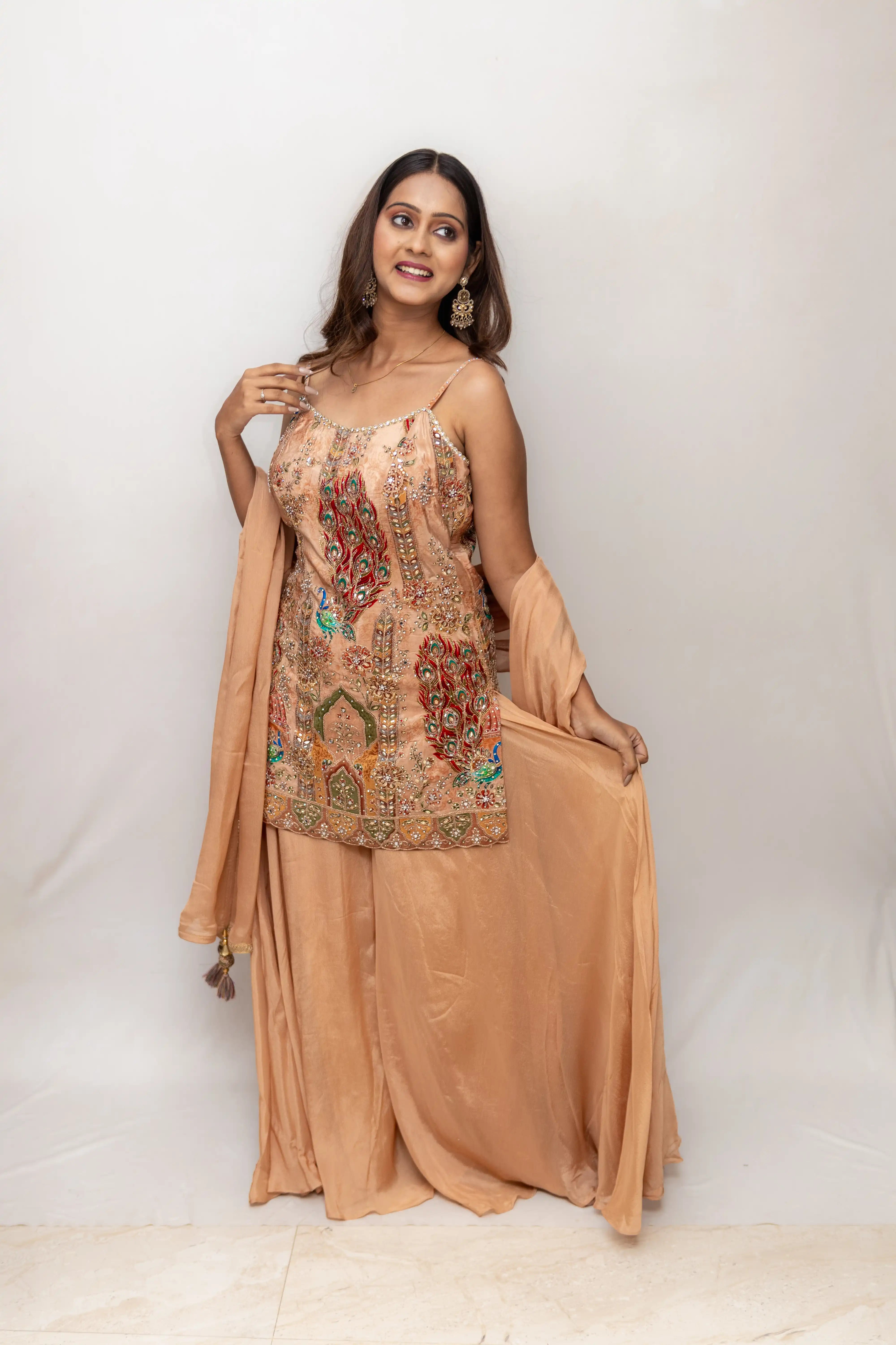 Peach Embroidered Palazzo Suit Set