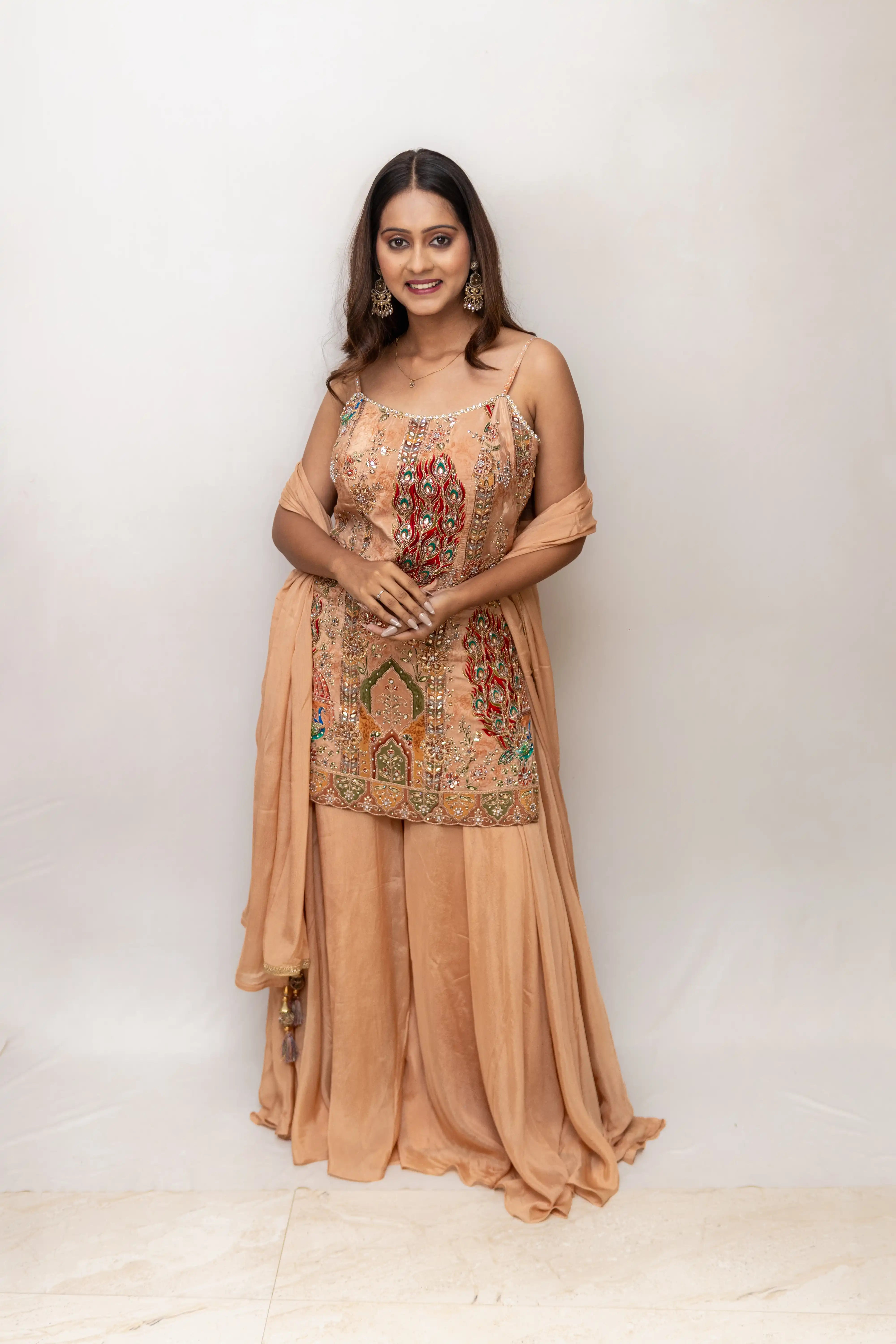 Peach Embroidered Palazzo Suit Set
