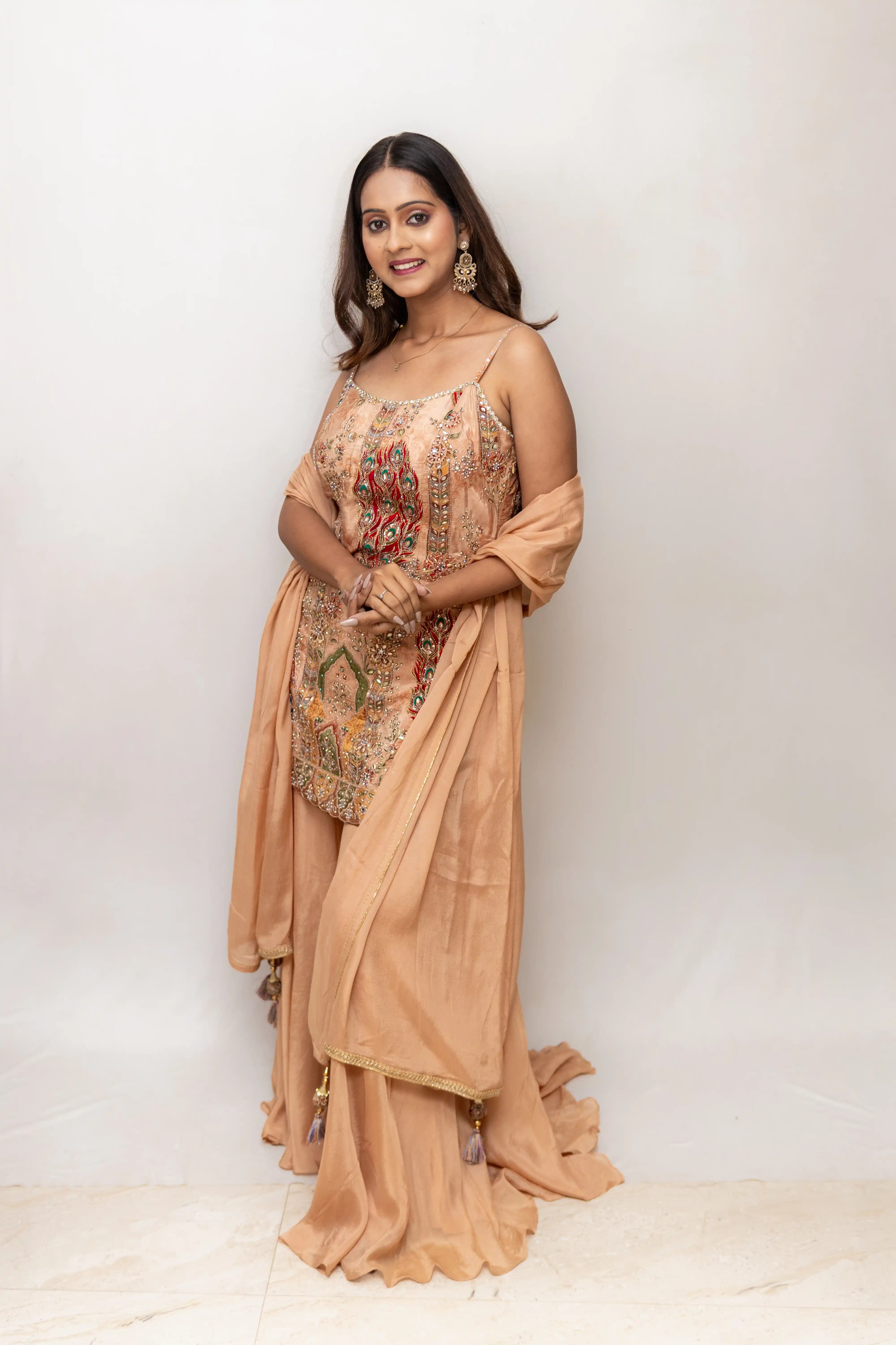 Peach Embroidered Palazzo Suit Set