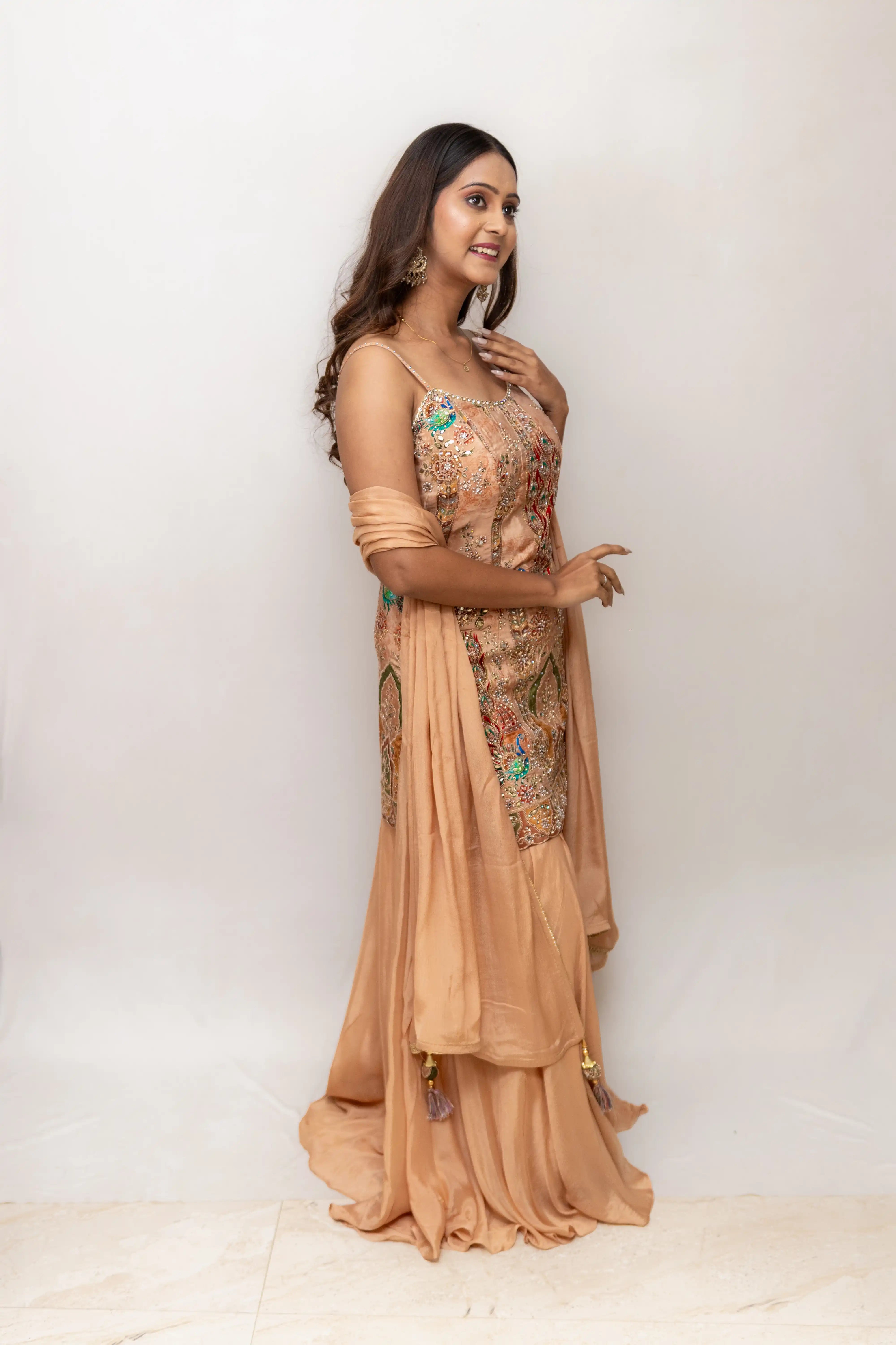 Peach Embroidered Palazzo Suit Set