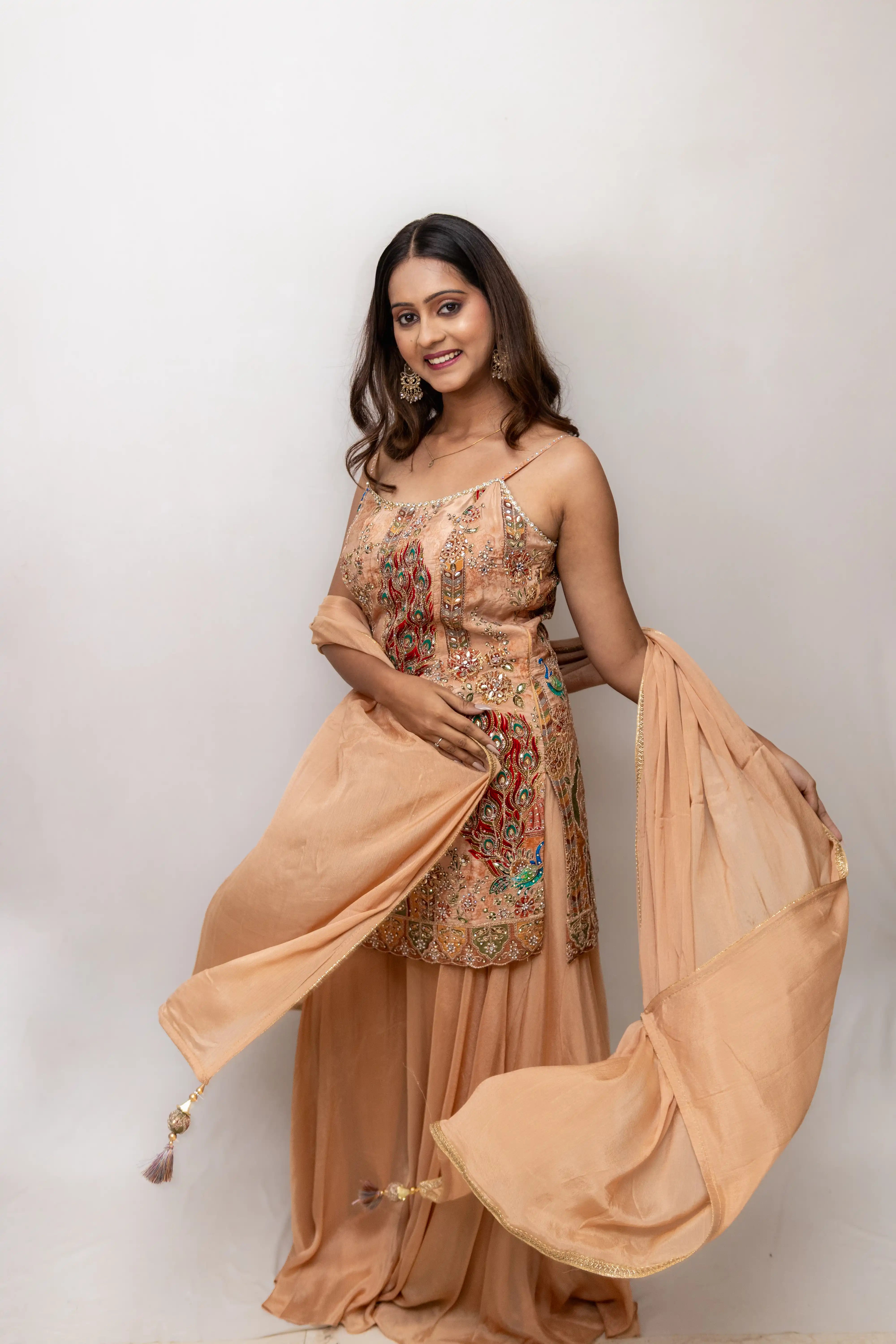 Peach Embroidered Palazzo Suit Set