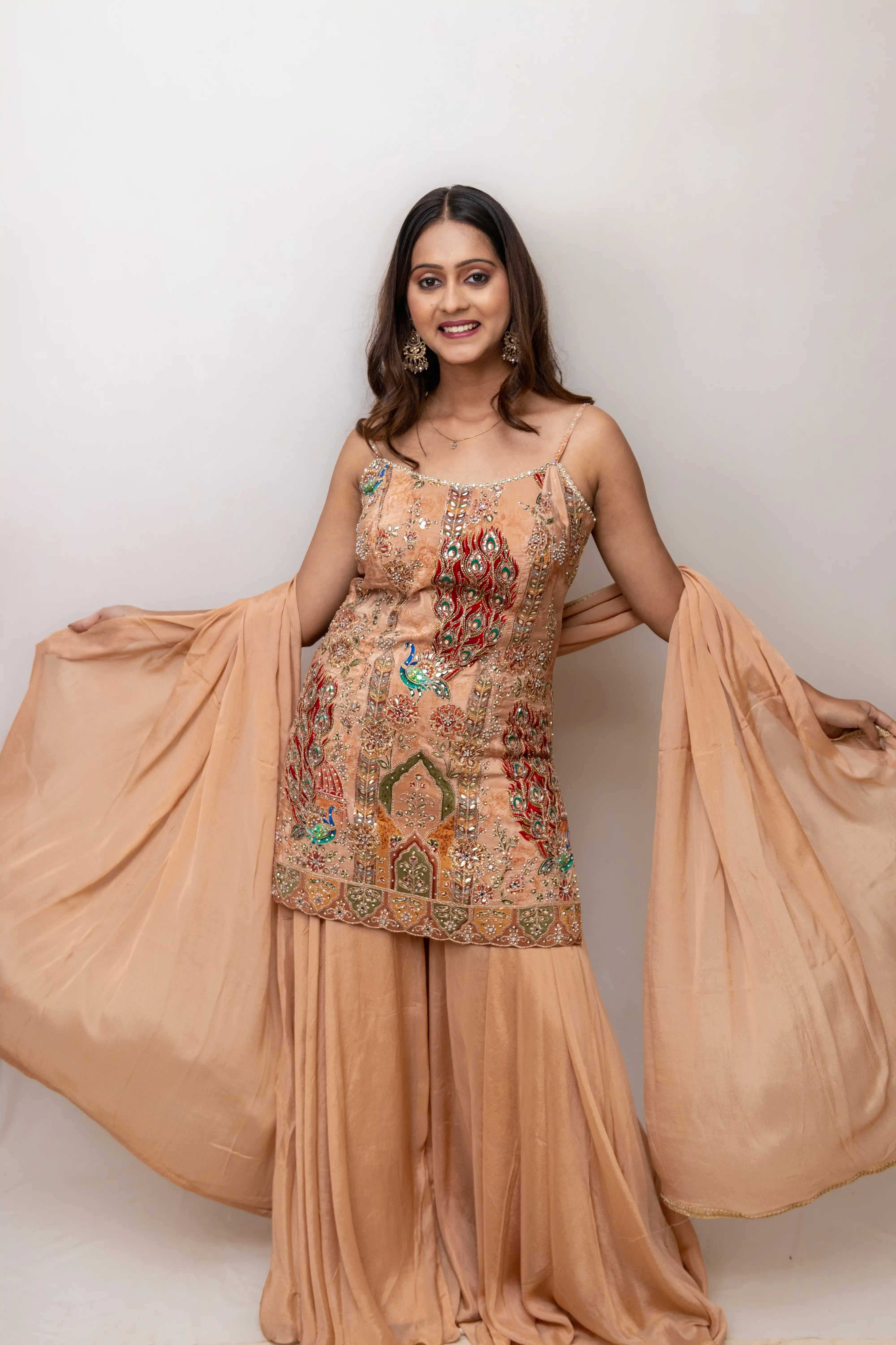 Peach Embroidered Palazzo Suit Set