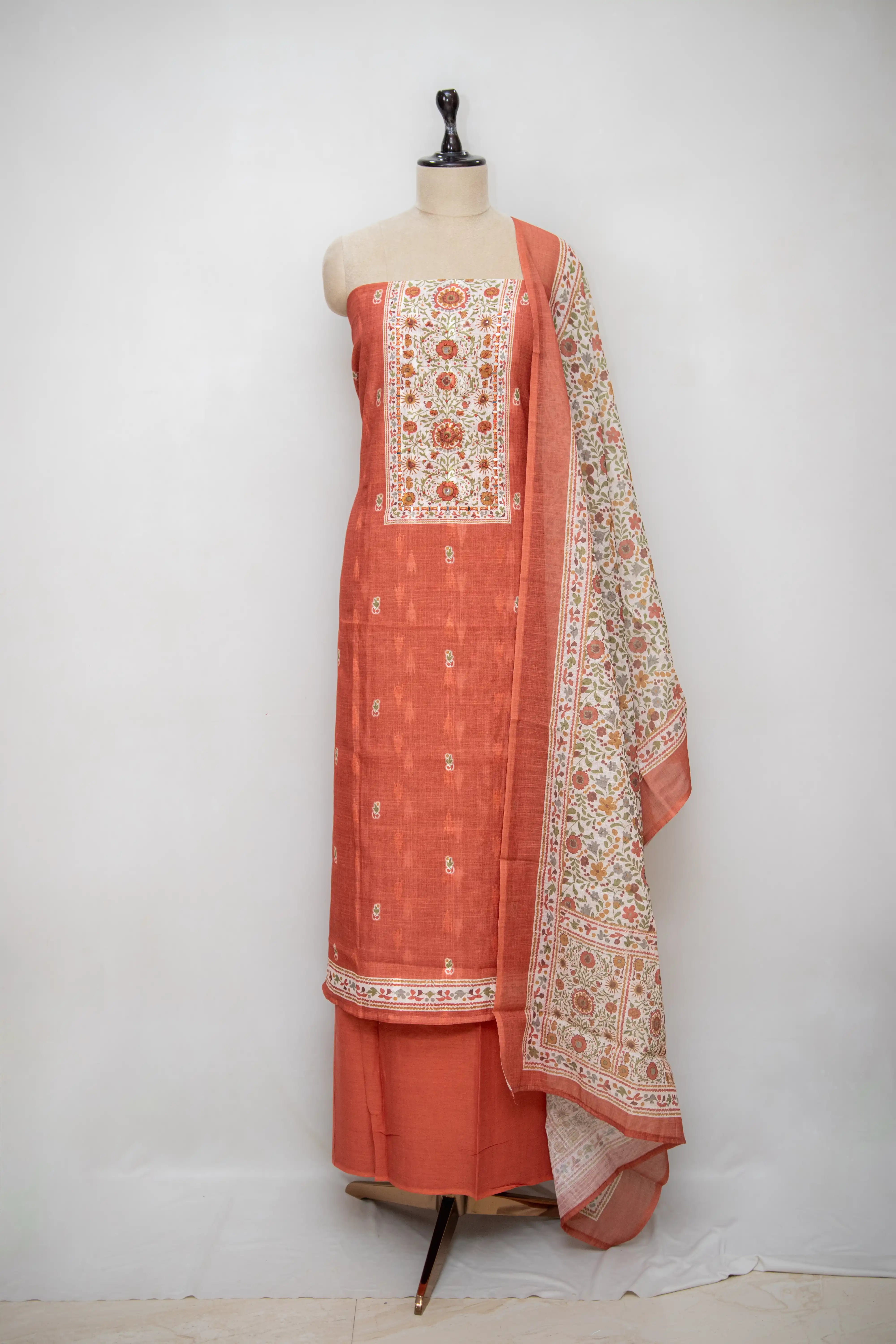 Rust Hand Block Printed Cotton Dress Material