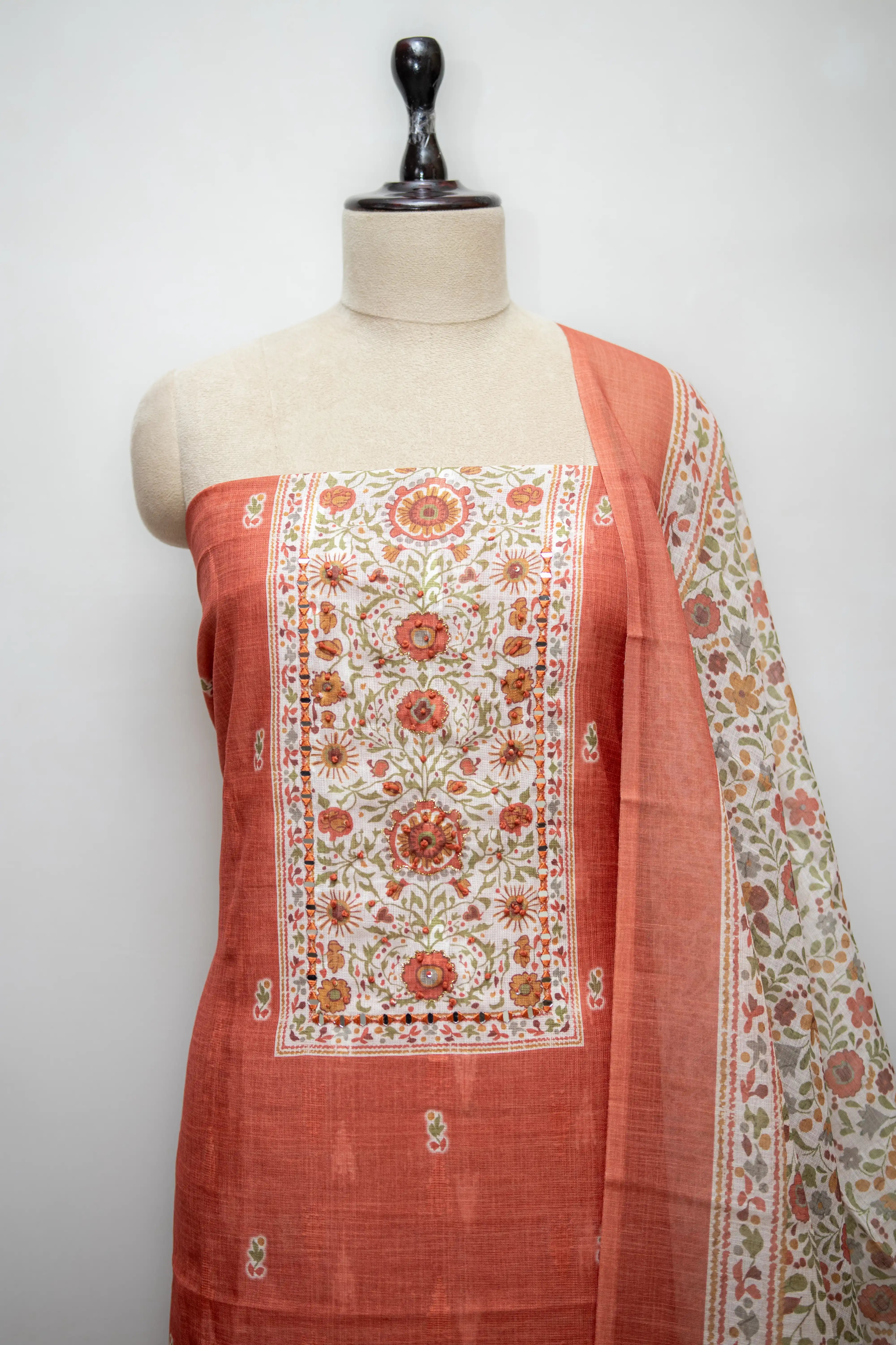 Rust Hand Block Printed Cotton Dress Material
