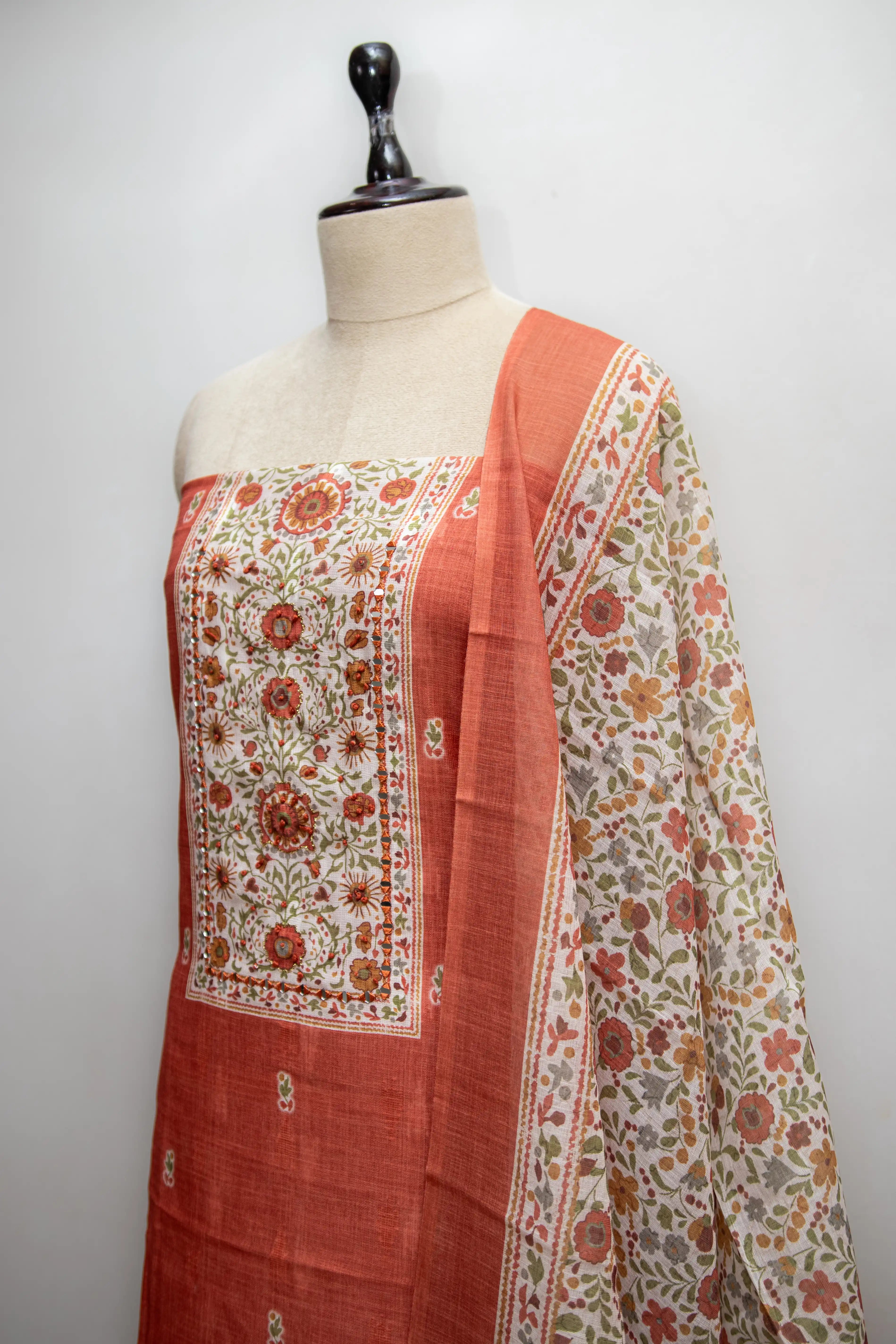 Rust Hand Block Printed Cotton Dress Material