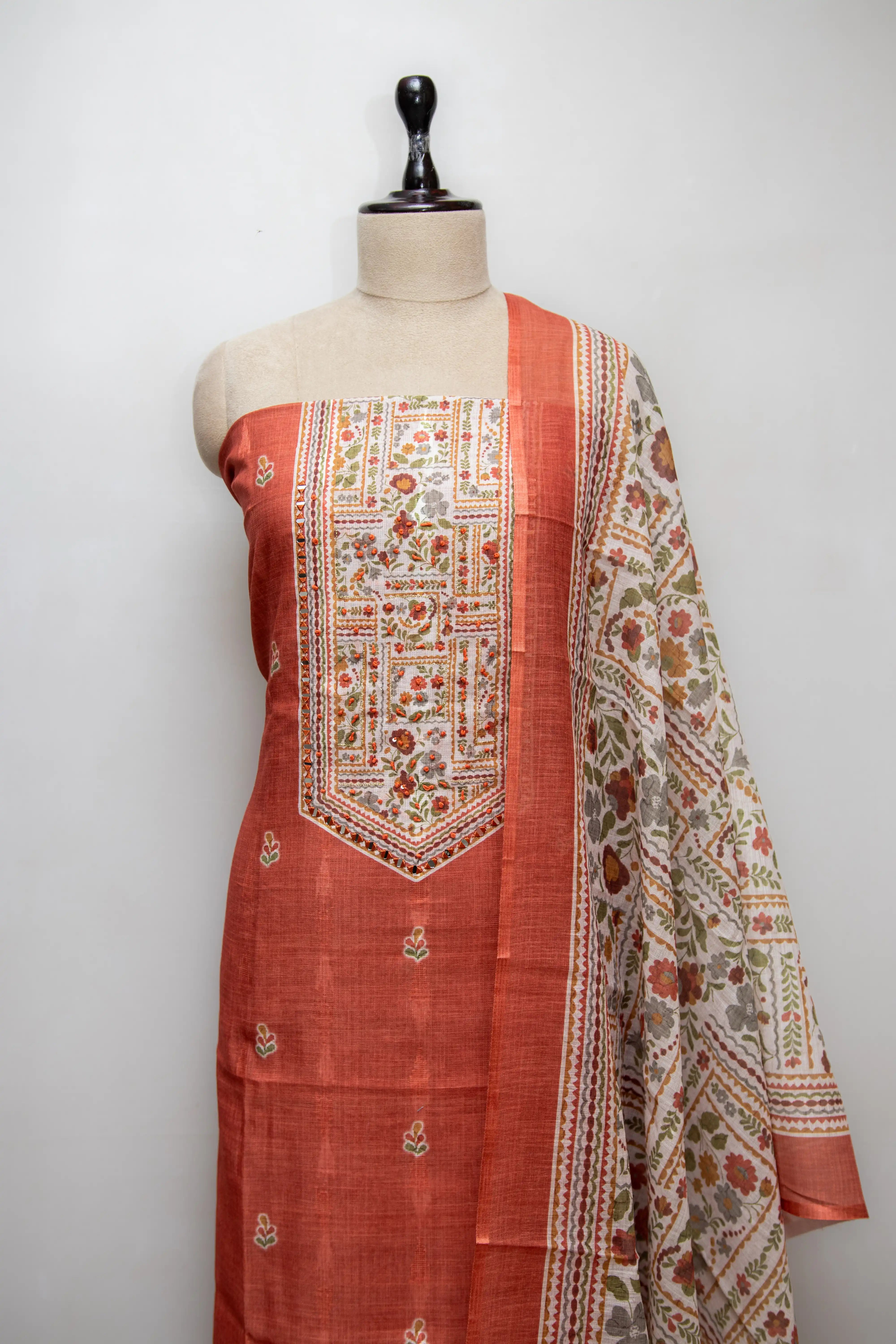 Rust Orange Hand Block Printed Cotton Dress Material