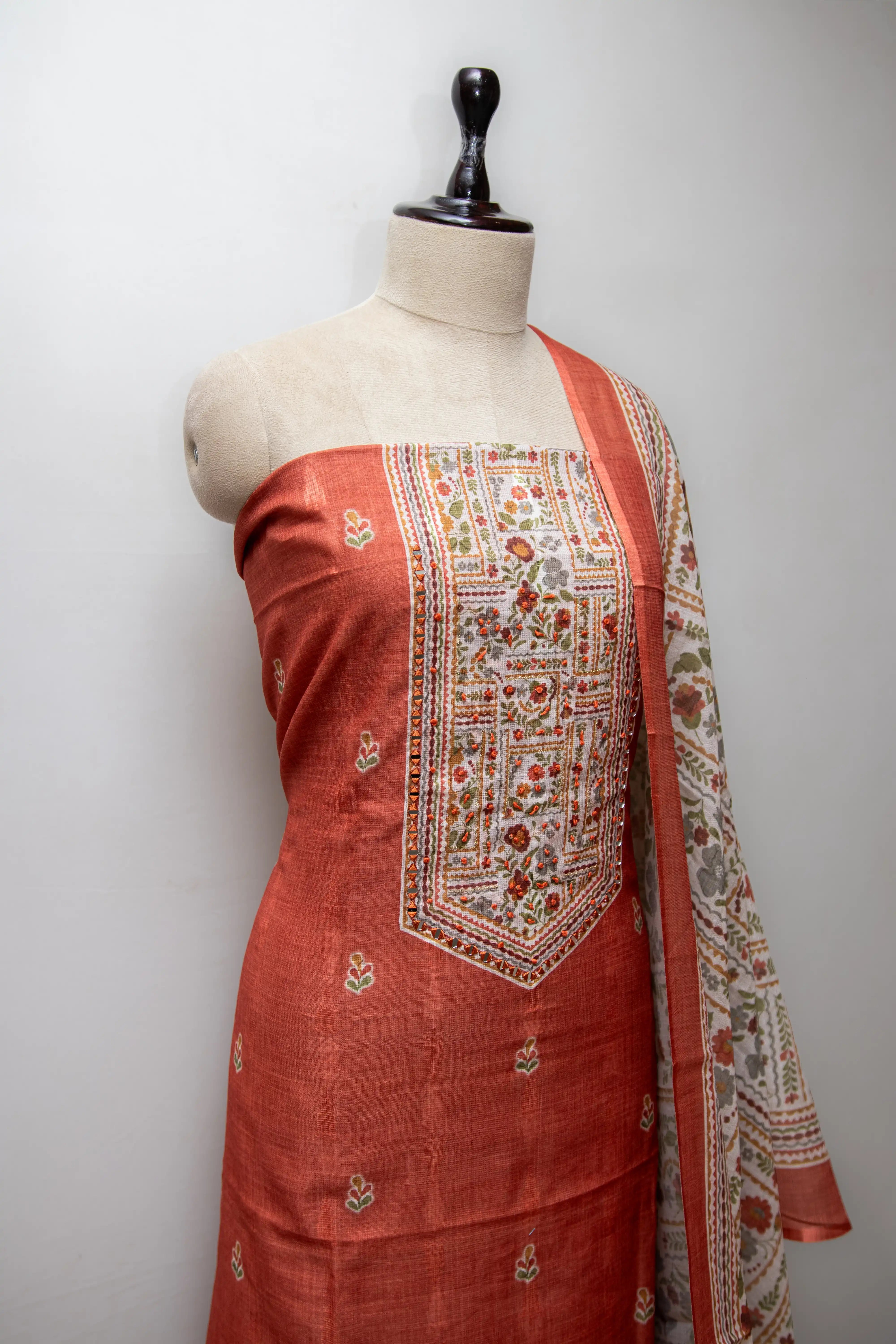 Rust Orange Hand Block Printed Cotton Dress Material