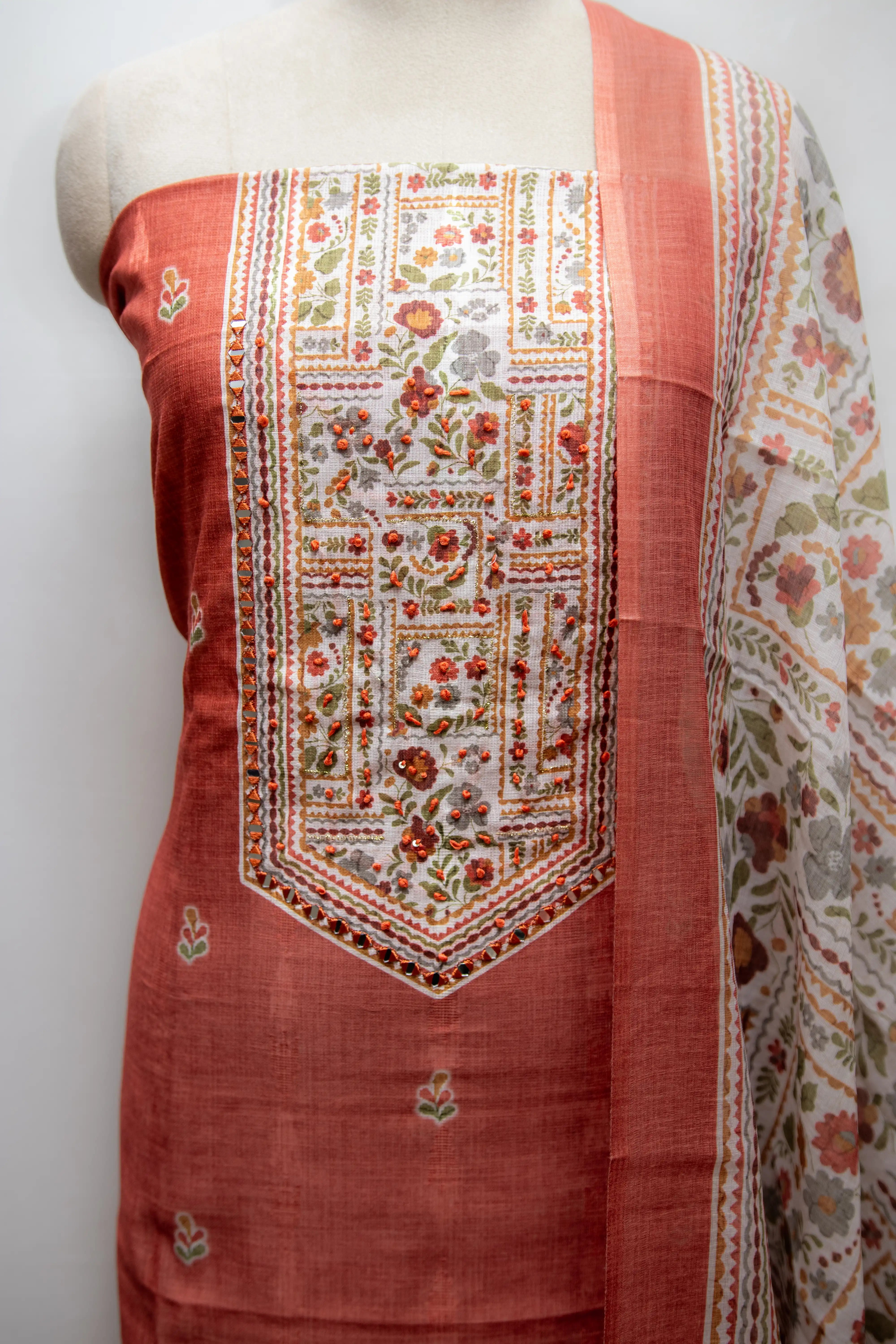 Rust Orange Hand Block Printed Cotton Dress Material