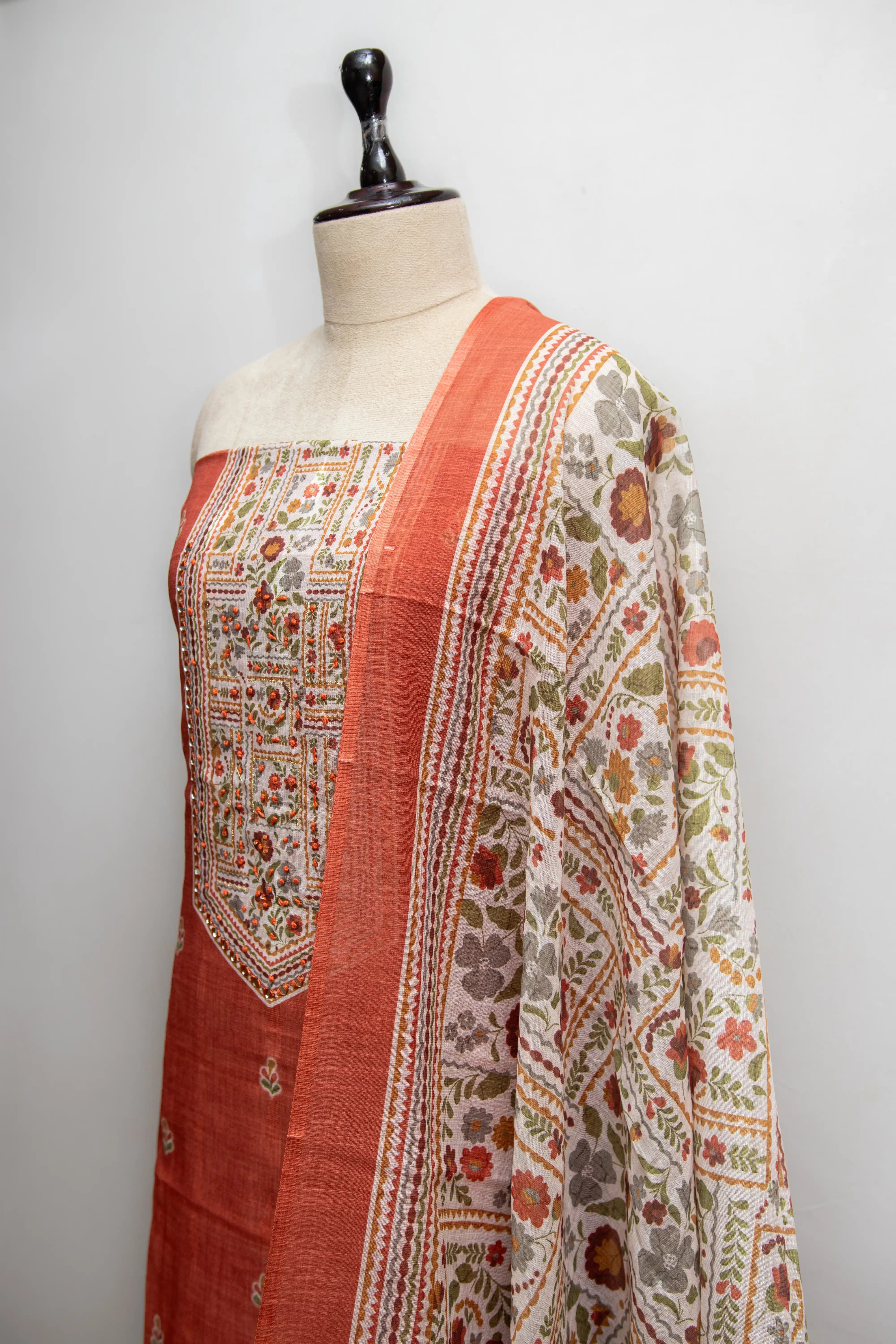 Rust Orange Hand Block Printed Cotton Dress Material