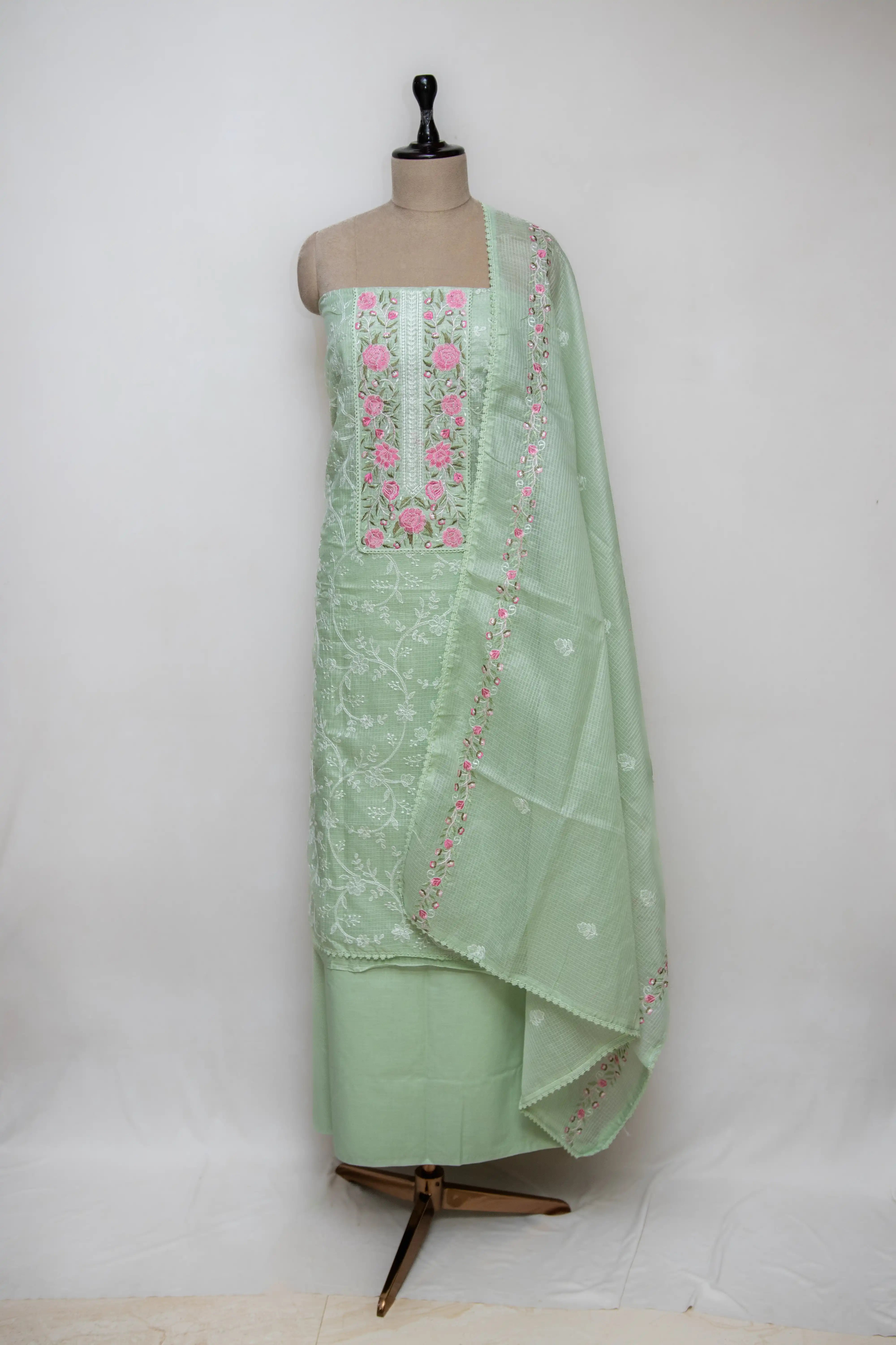 Pista Green Hand Block Printed Cotton Dress Material