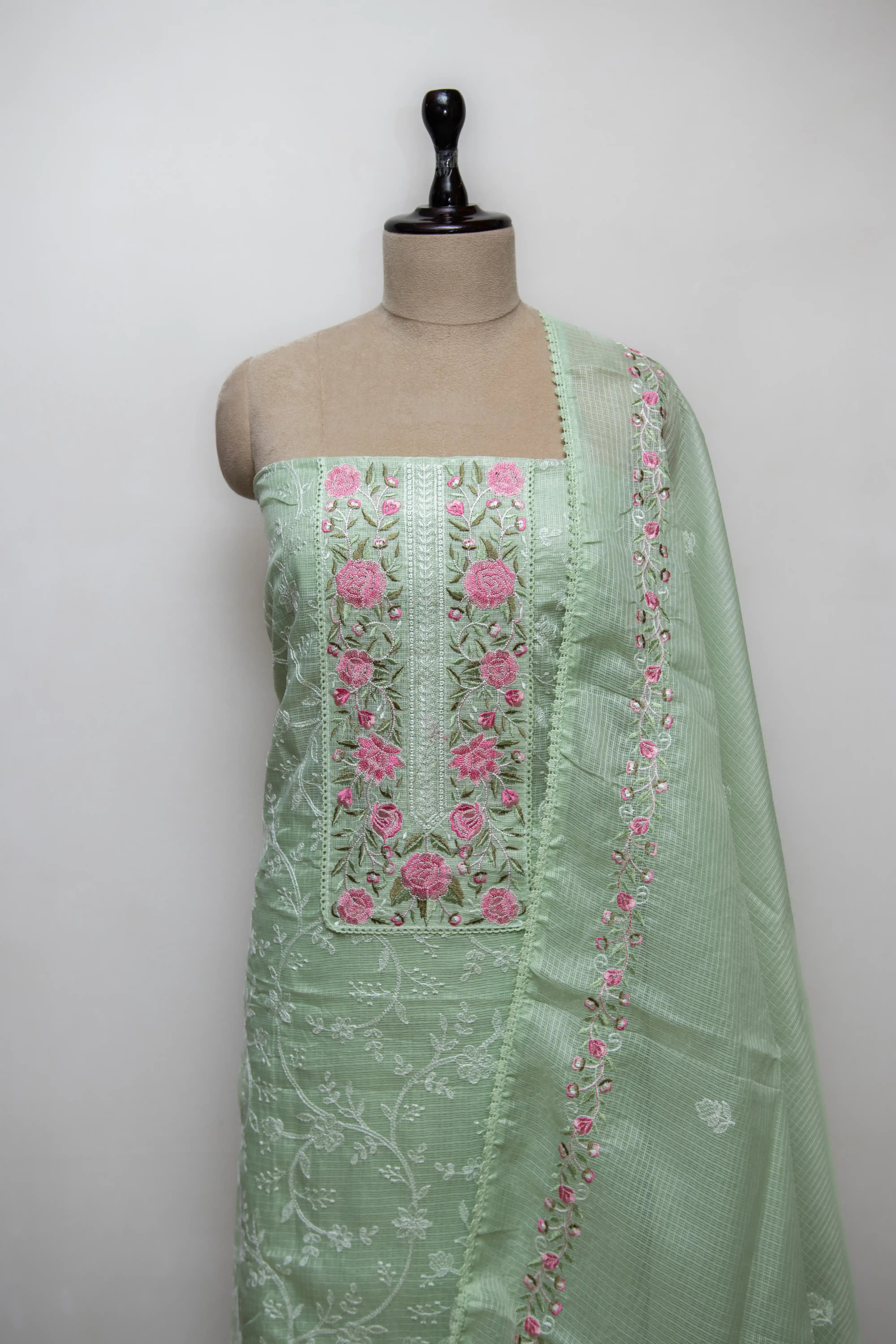 Pista Green Hand Block Printed Cotton Dress Material
