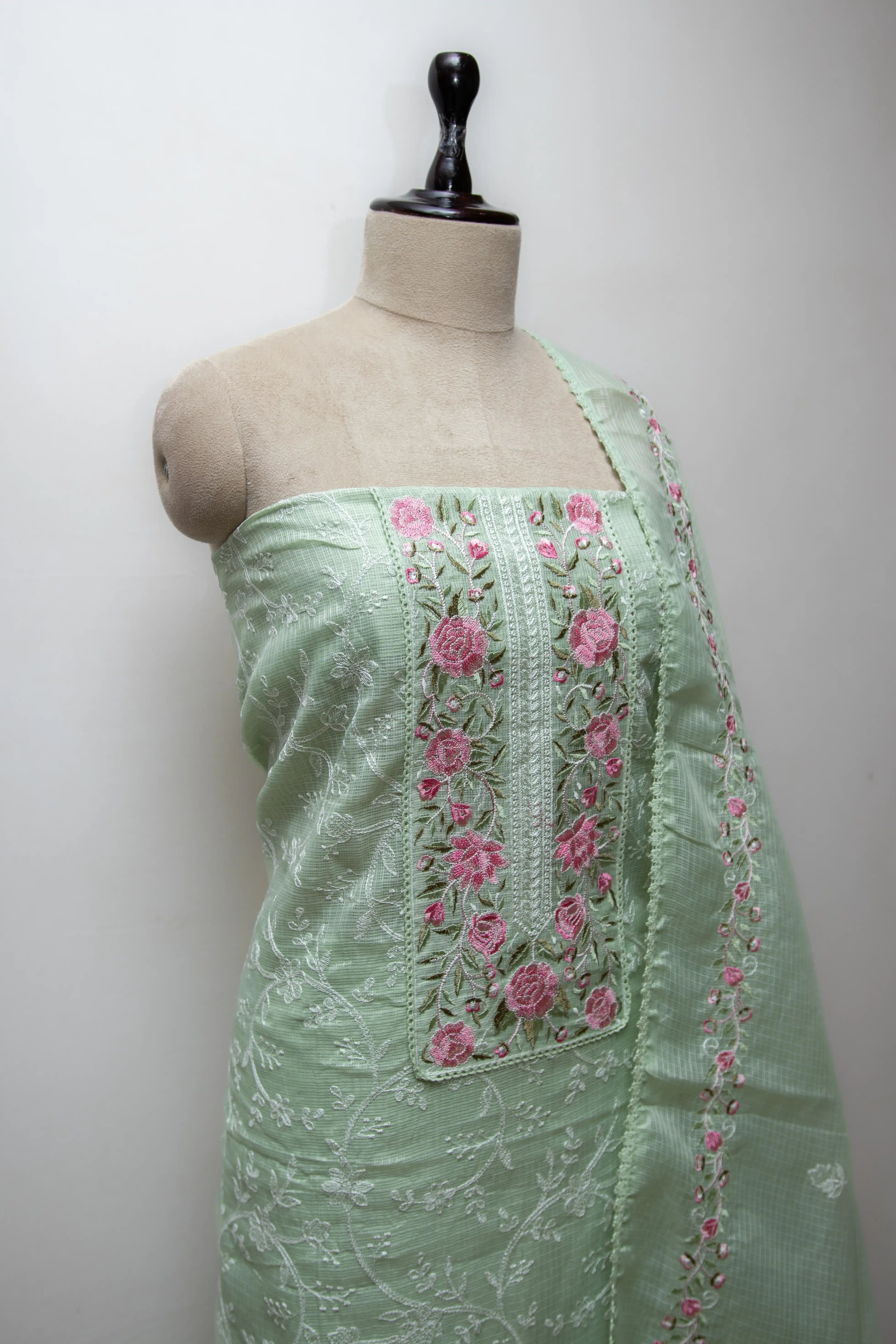 Pista Green Hand Block Printed Cotton Dress Material