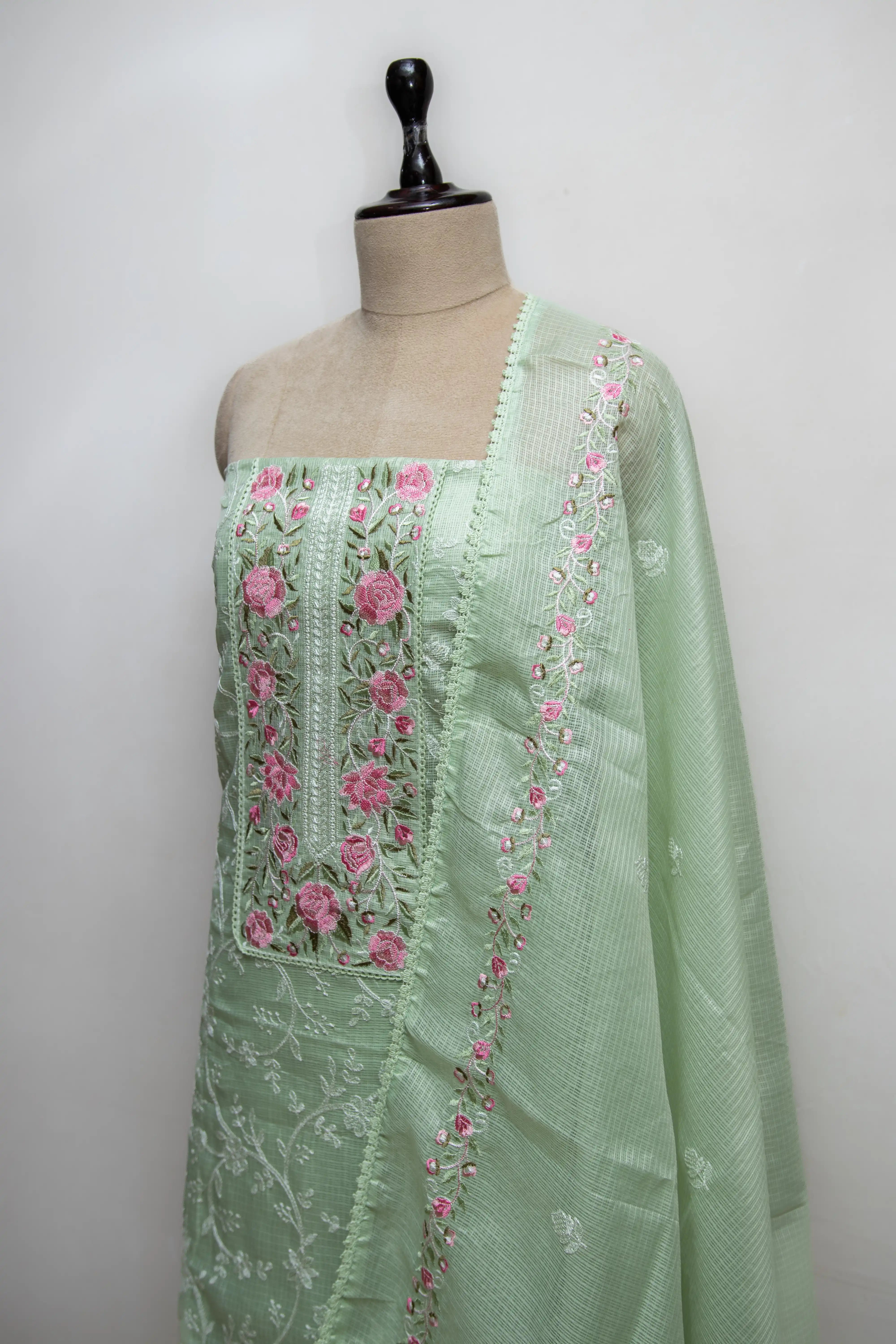 Pista Green Hand Block Printed Cotton Dress Material