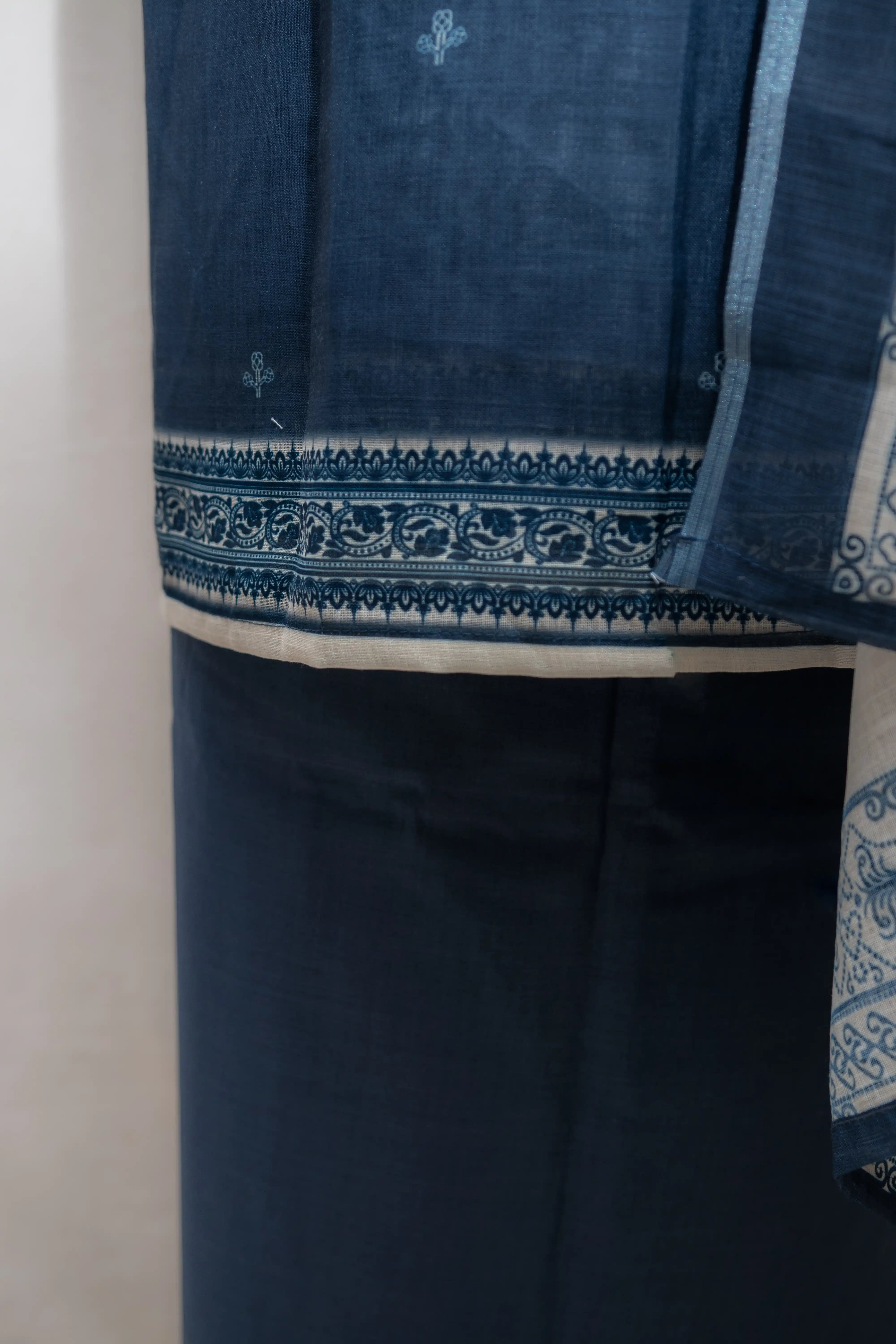 Cream & Navy Blue Hand Block Printed Cotton Dress Material