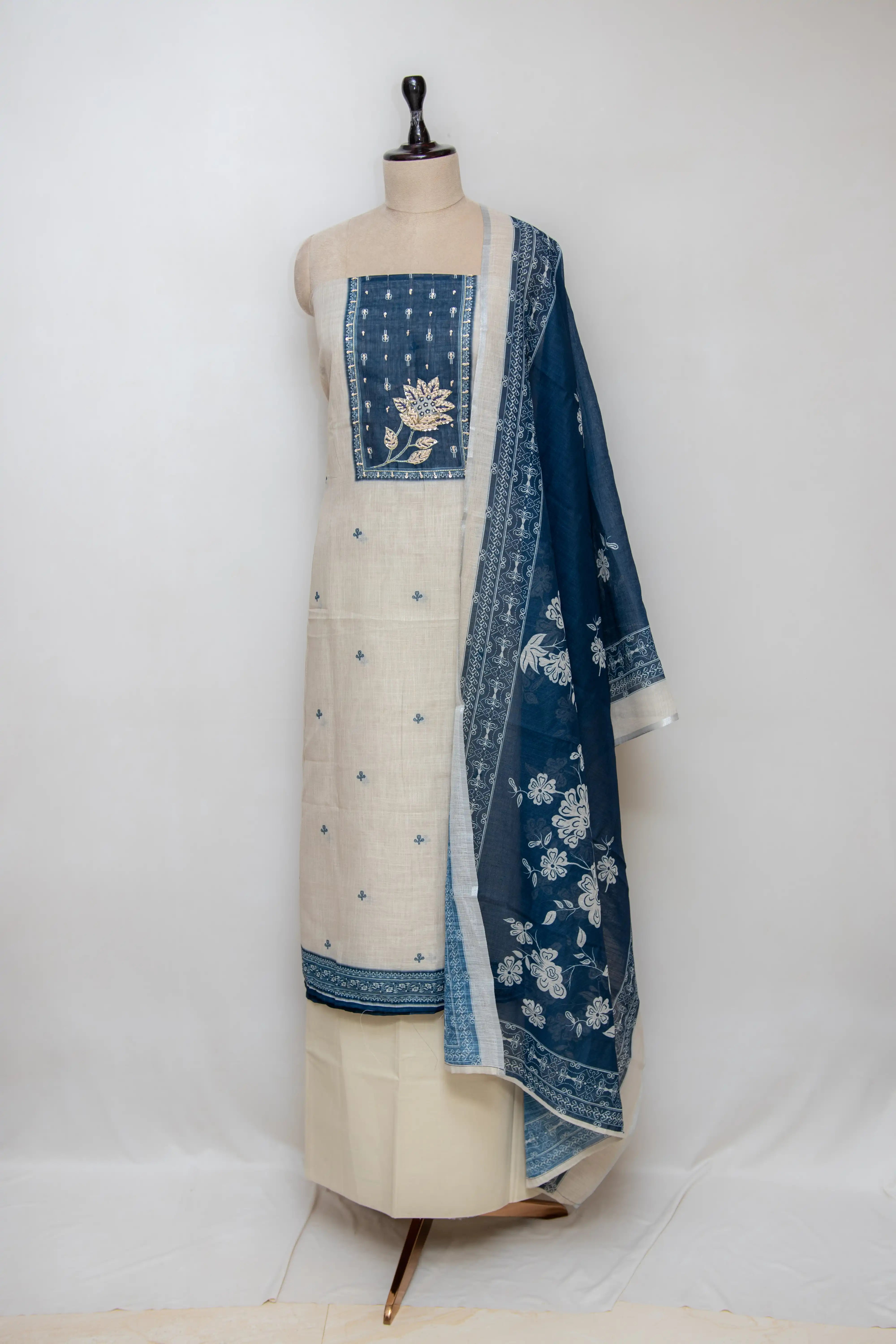 Cream & Navy Blue Hand Block Printed Cotton Dress Material
