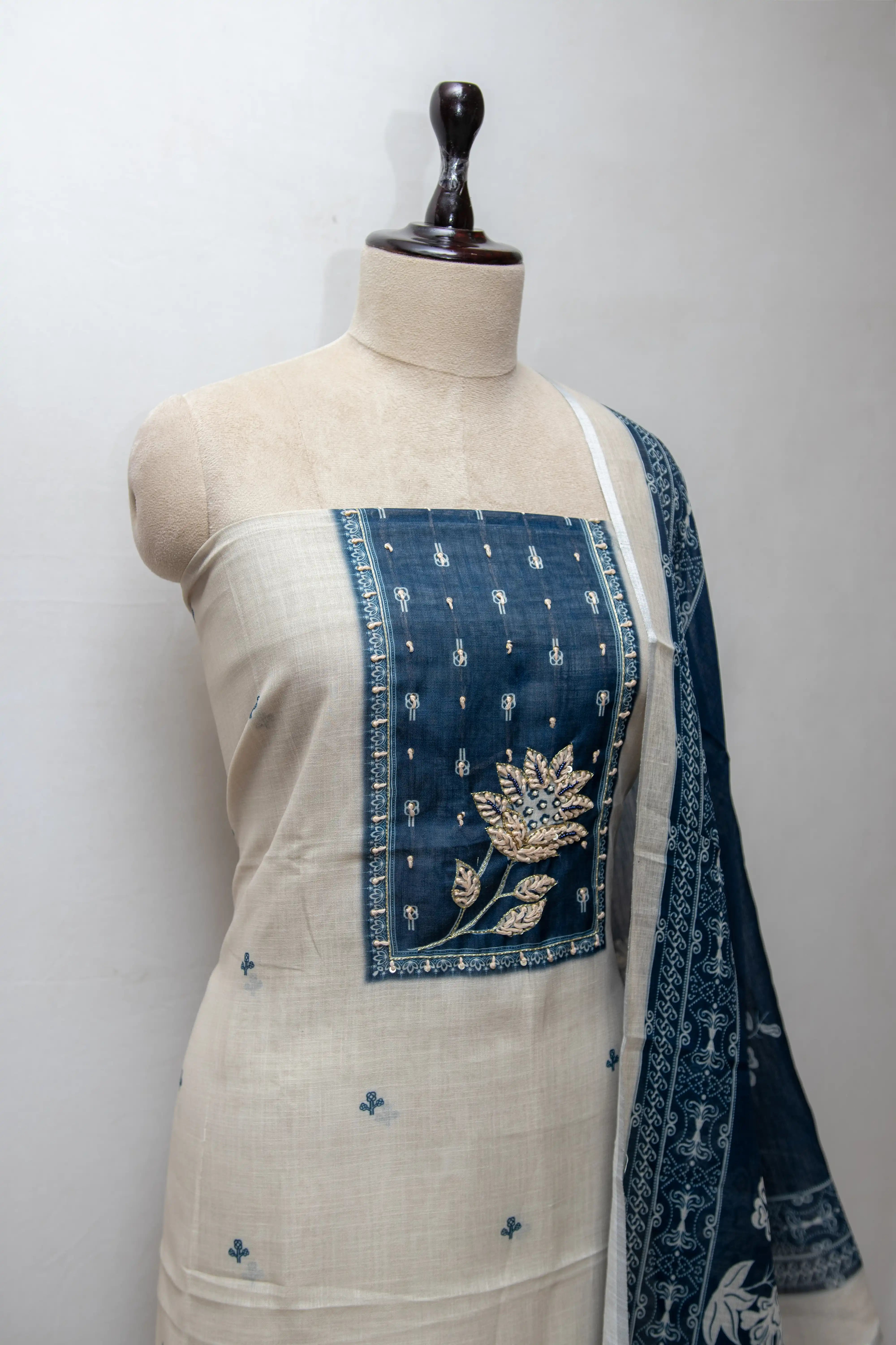 Cream & Navy Blue Hand Block Printed Cotton Dress Material
