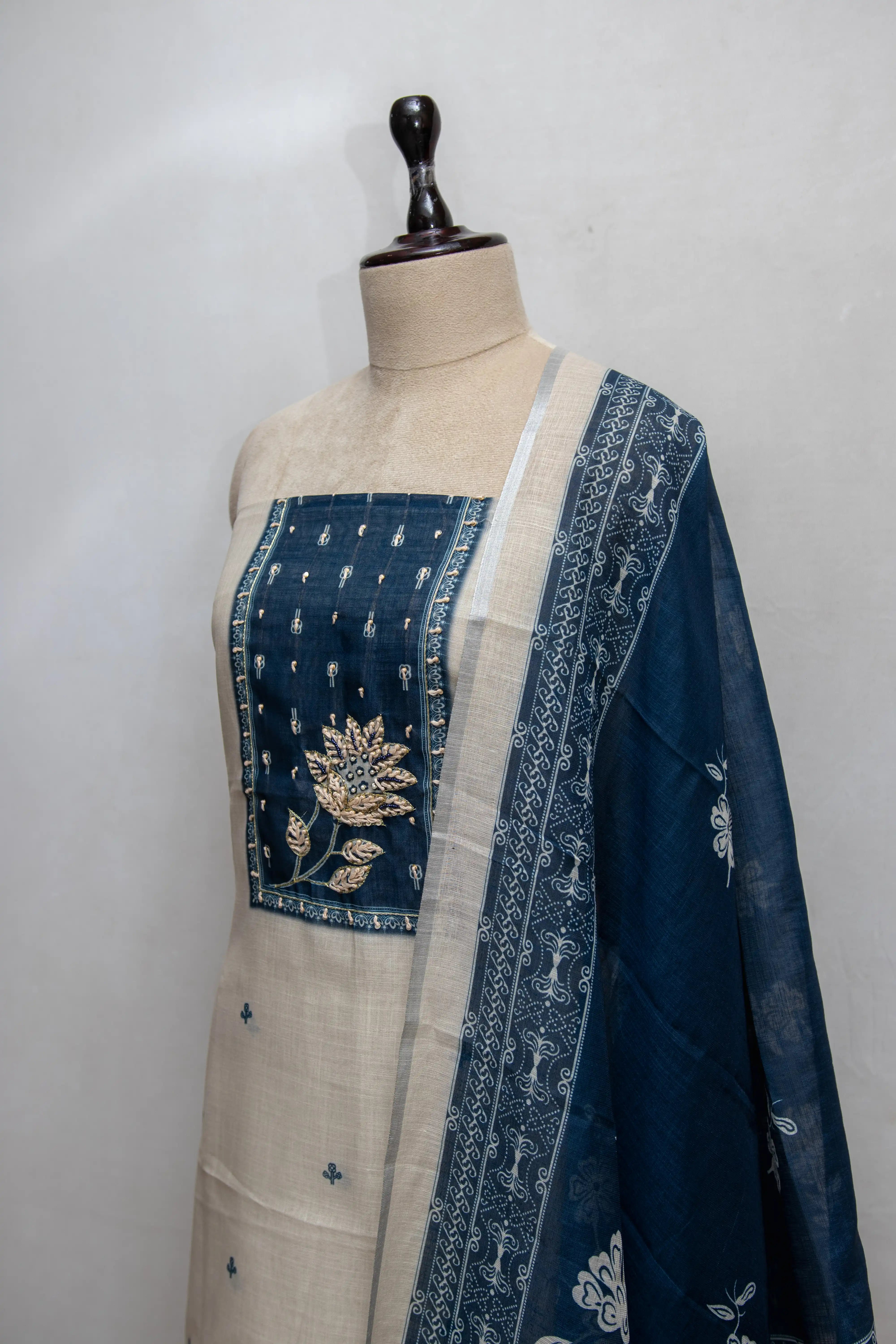 Cream & Navy Blue Hand Block Printed Cotton Dress Material