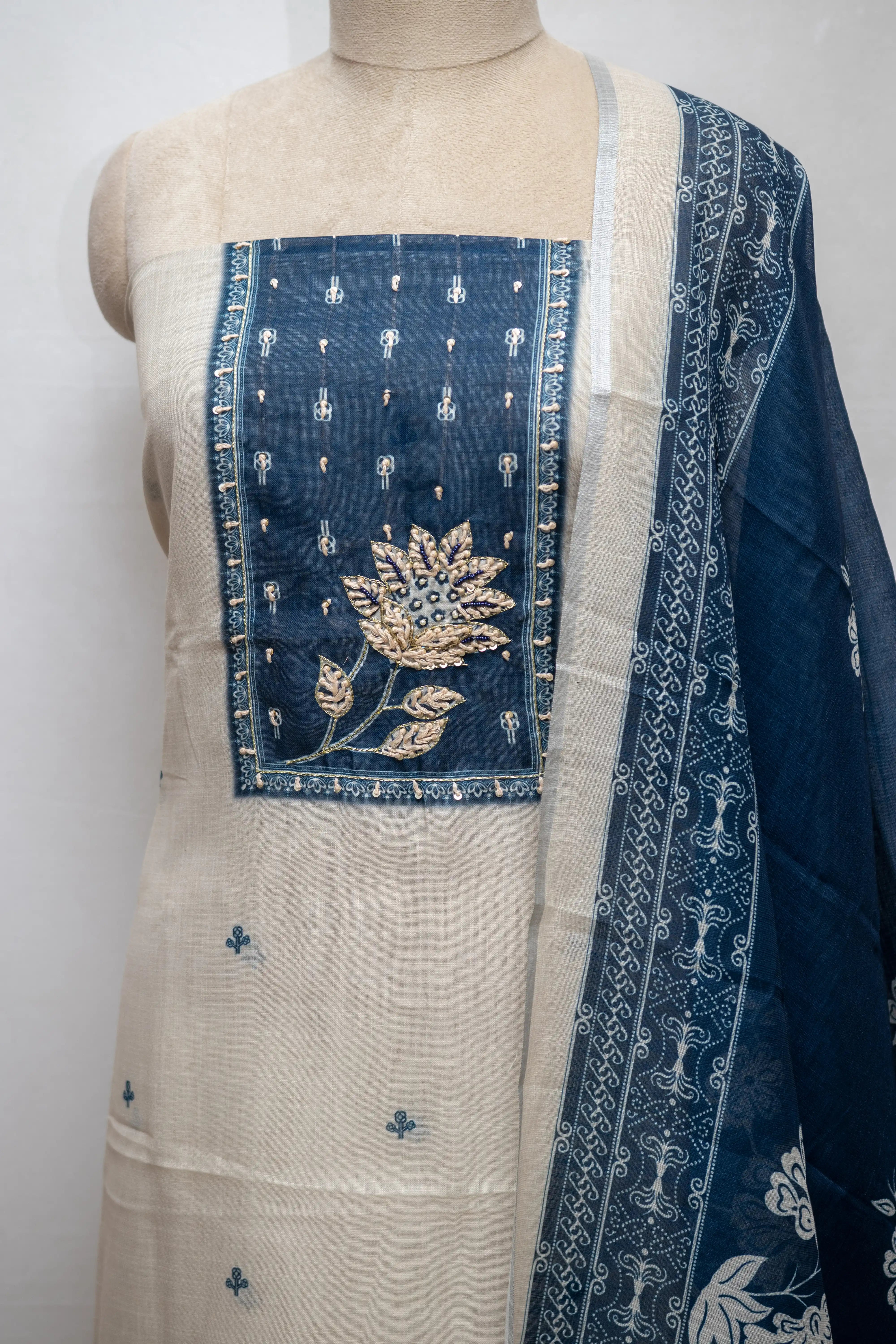 Cream & Navy Blue Hand Block Printed Cotton Dress Material