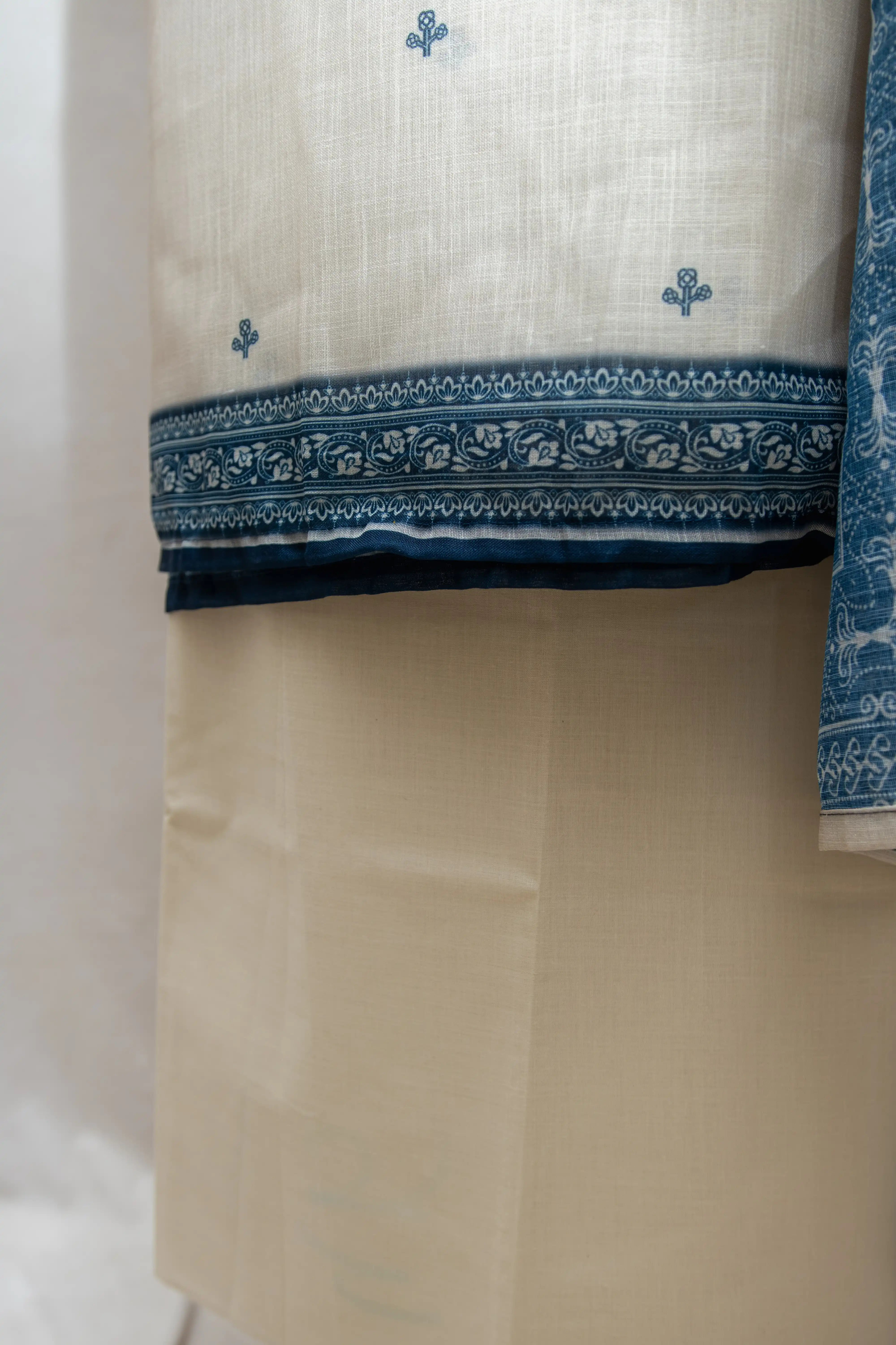 Cream & Navy Blue Hand Block Printed Cotton Dress Material
