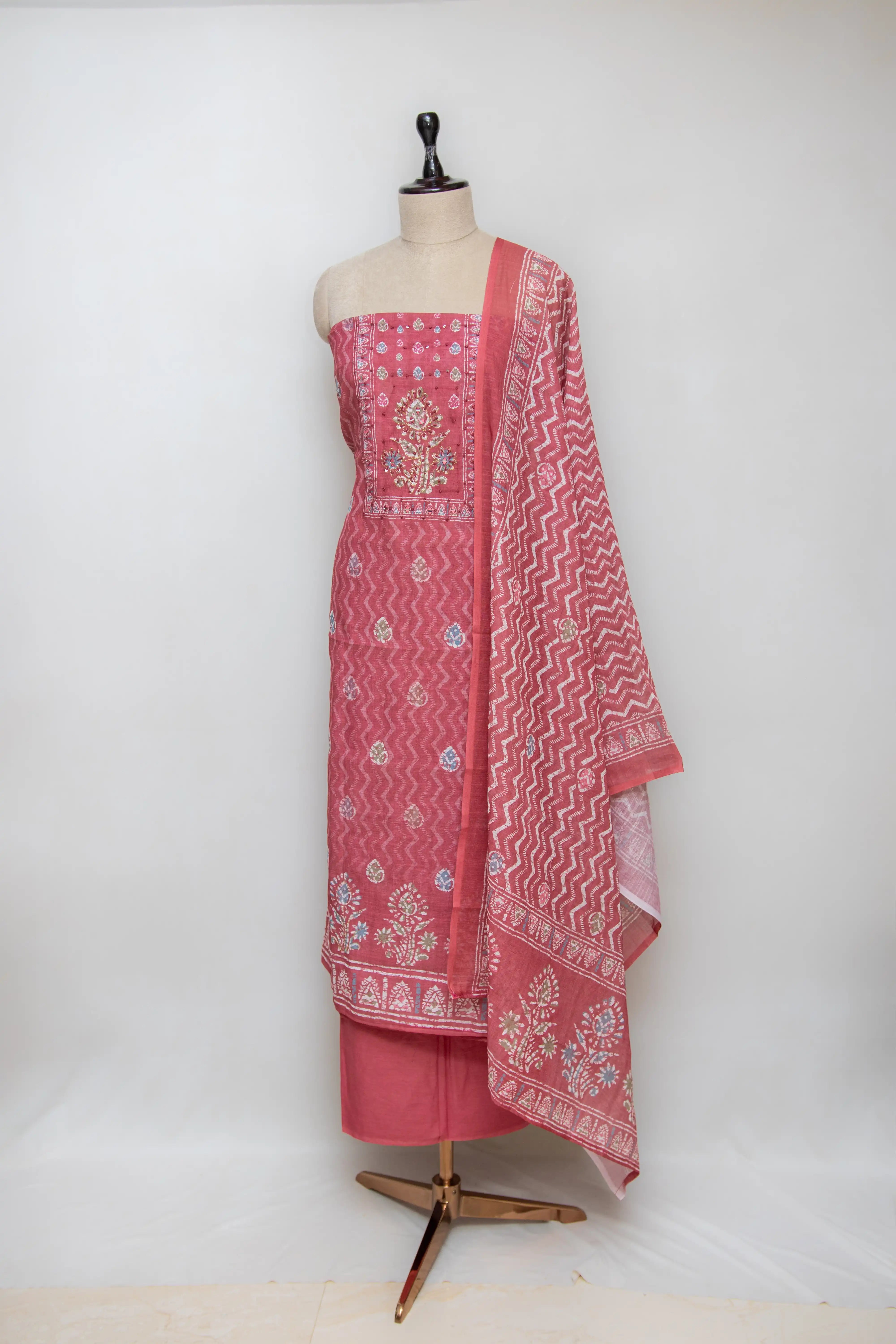 Rust Pink Hand Block Printed Cotton Dress Material