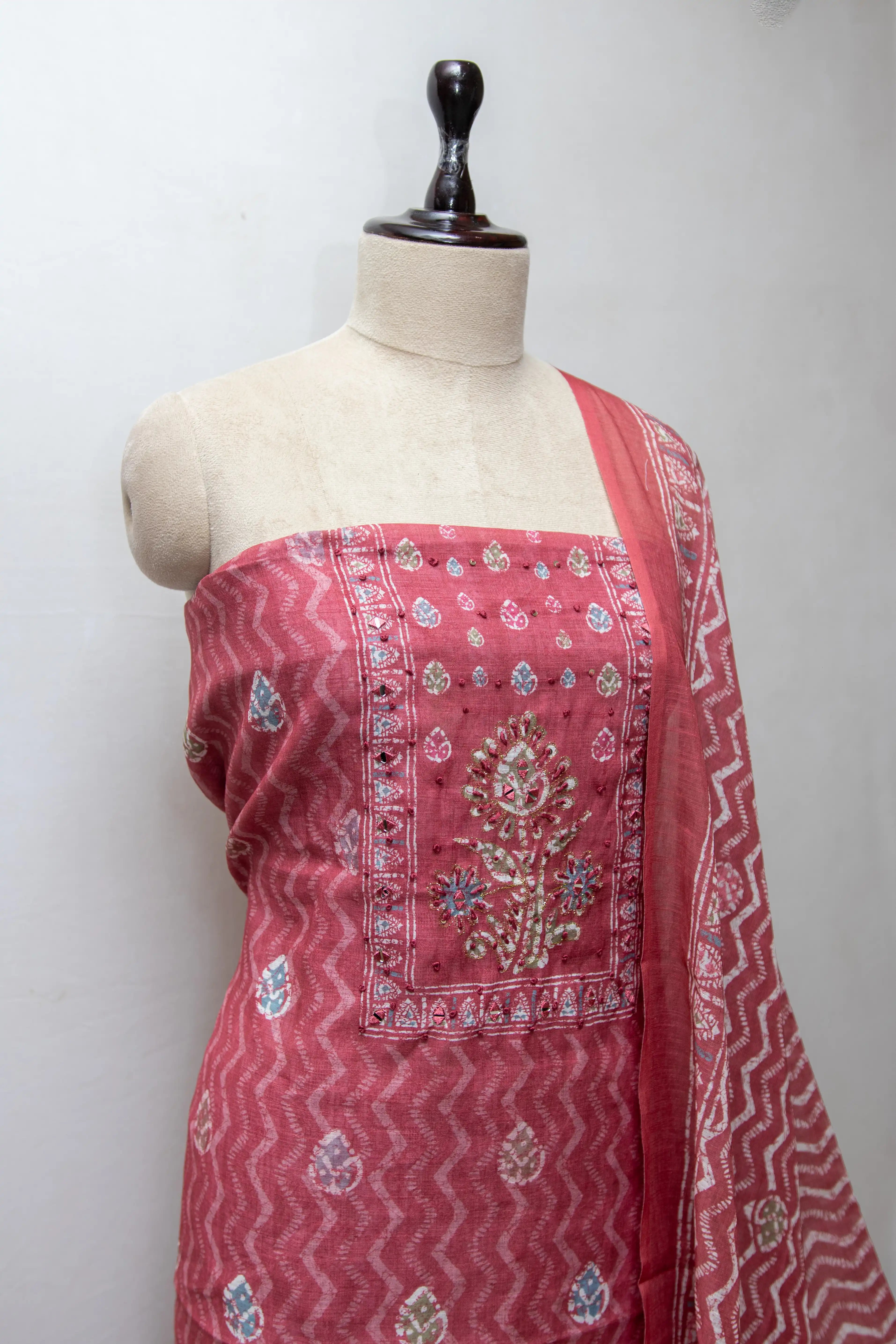 Rust Pink Hand Block Printed Cotton Dress Material