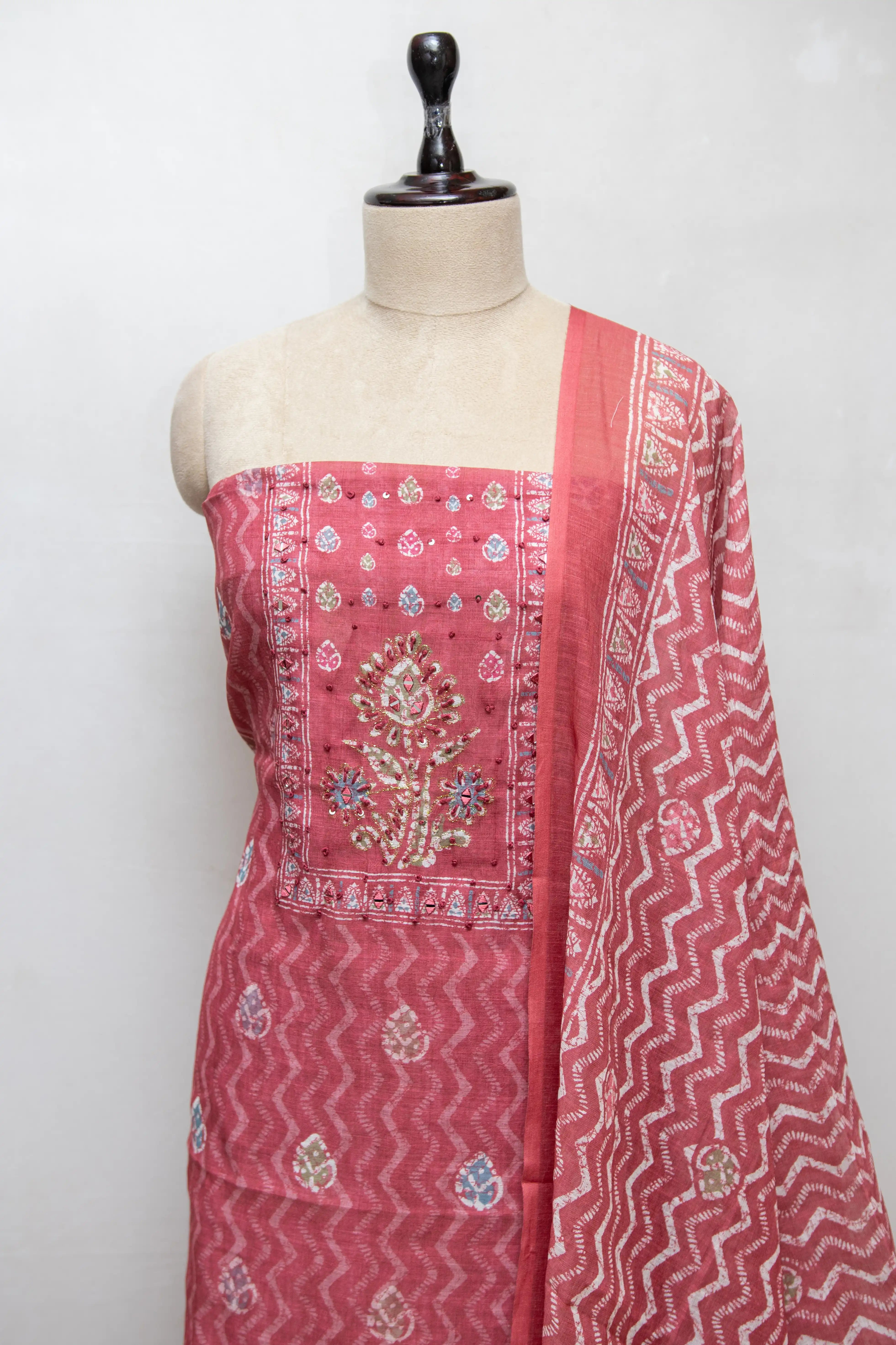 Rust Pink Hand Block Printed Cotton Dress Material