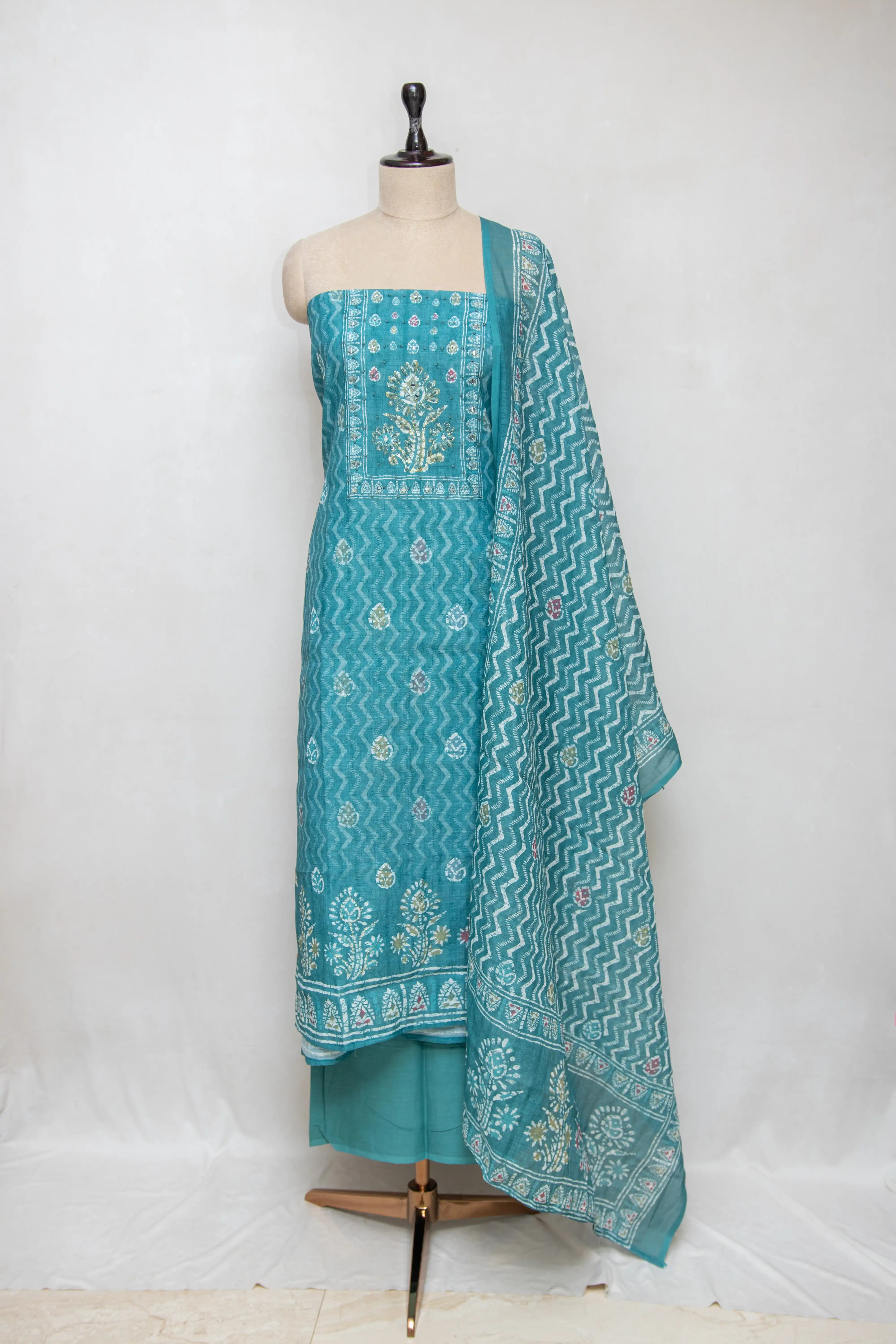 Rama Green Hand Block Printed Cotton Dress Material
