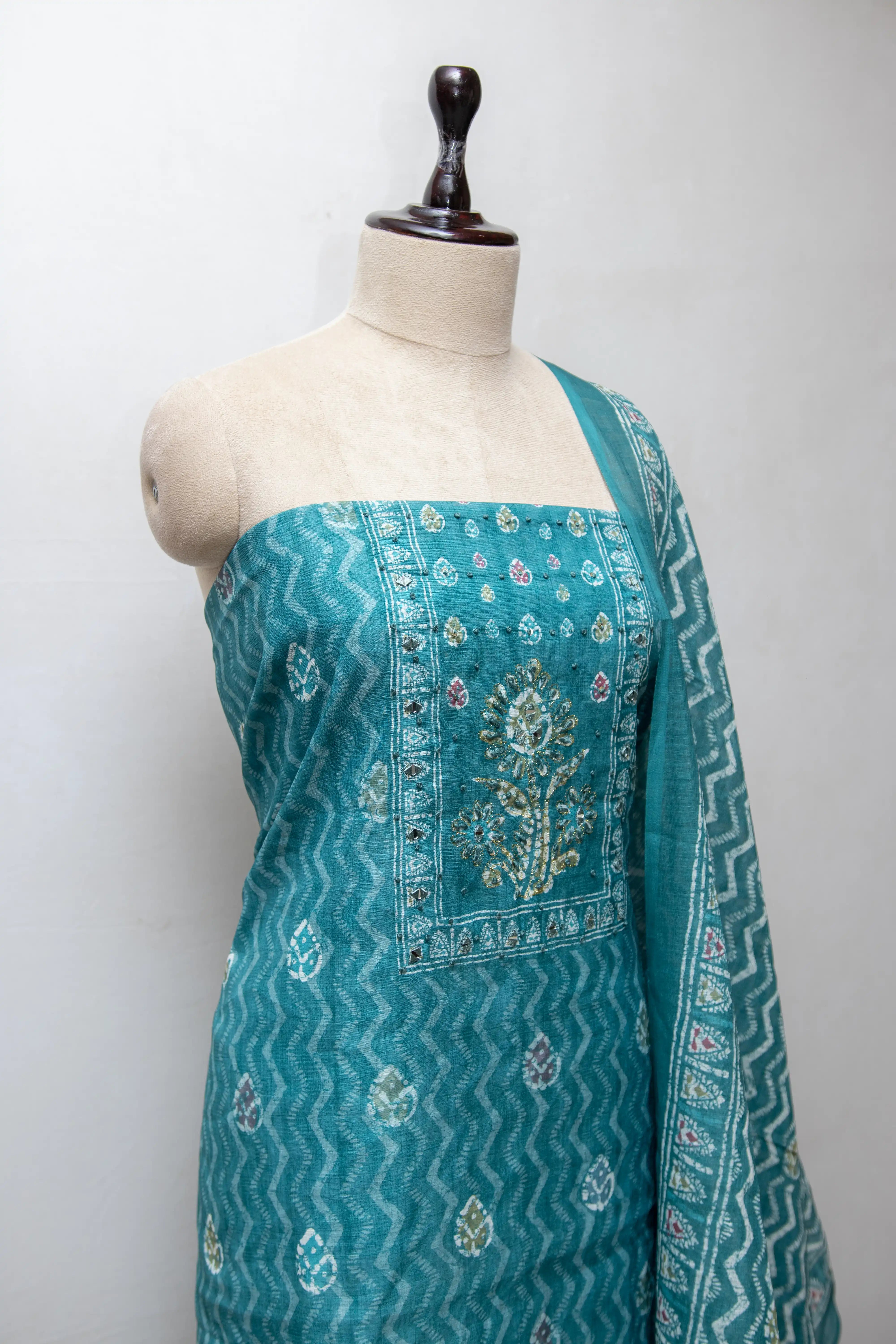 Rama Green Hand Block Printed Cotton Dress Material