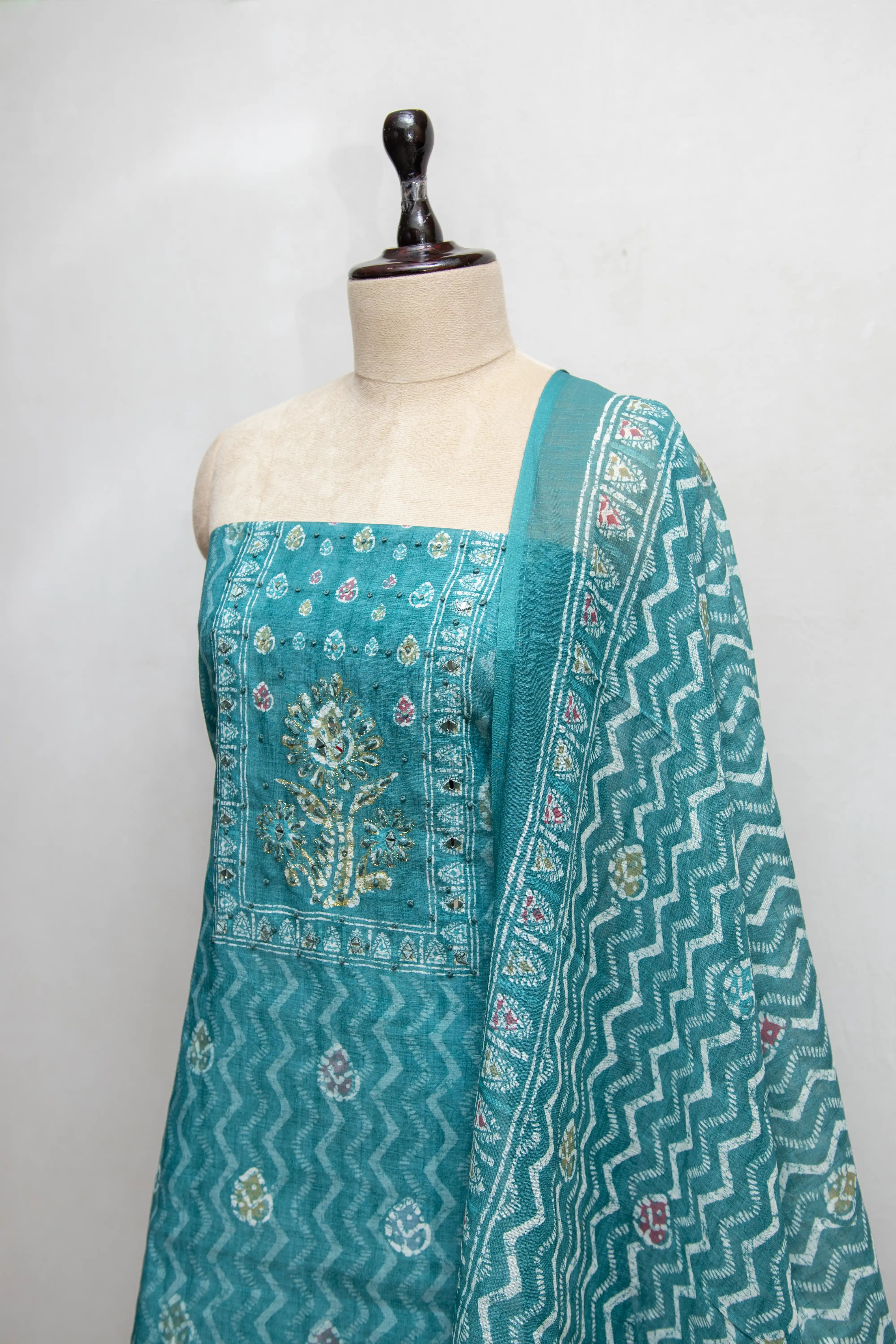 Rama Green Hand Block Printed Cotton Dress Material