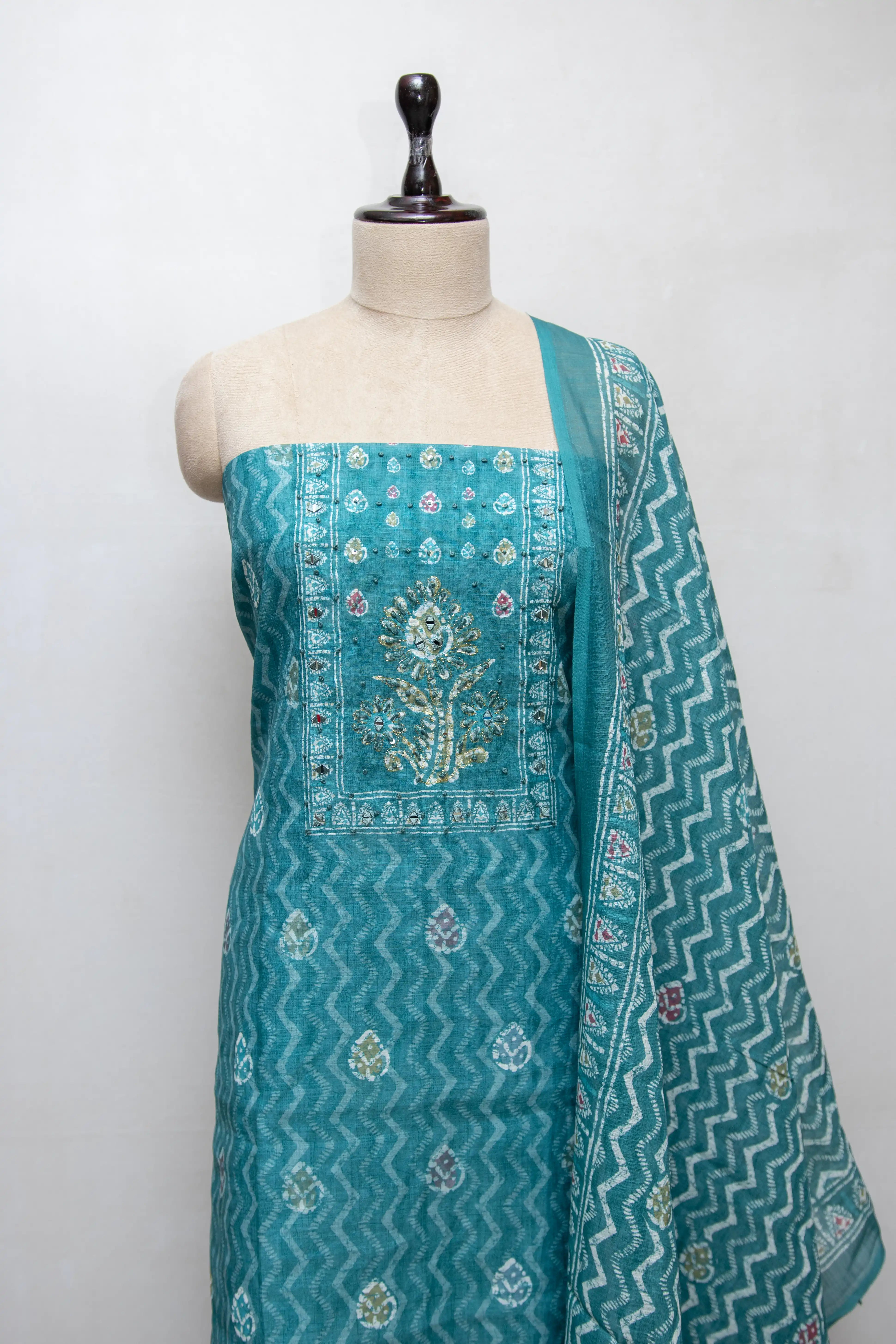 Rama Green Hand Block Printed Cotton Dress Material