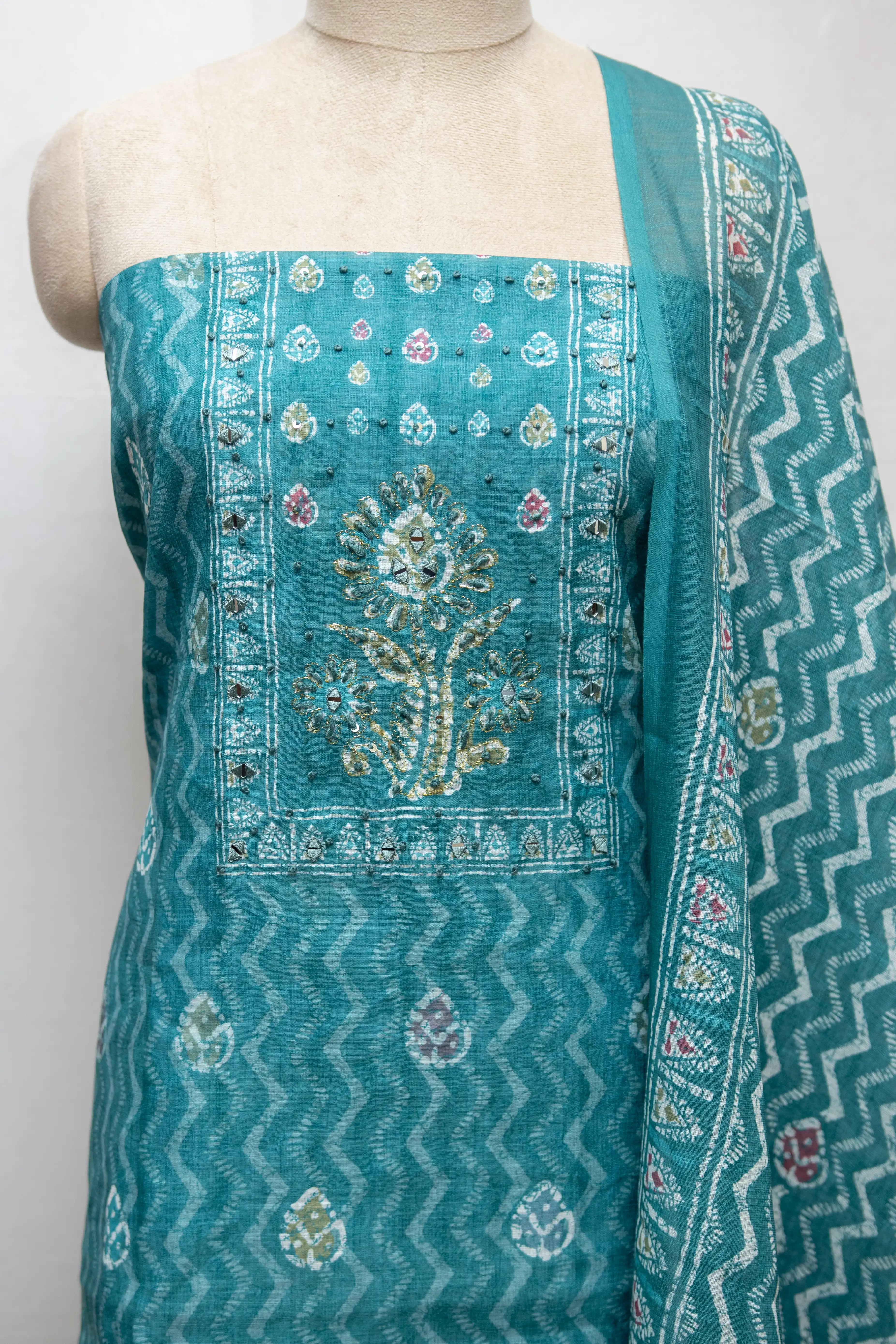 Rama Green Hand Block Printed Cotton Dress Material