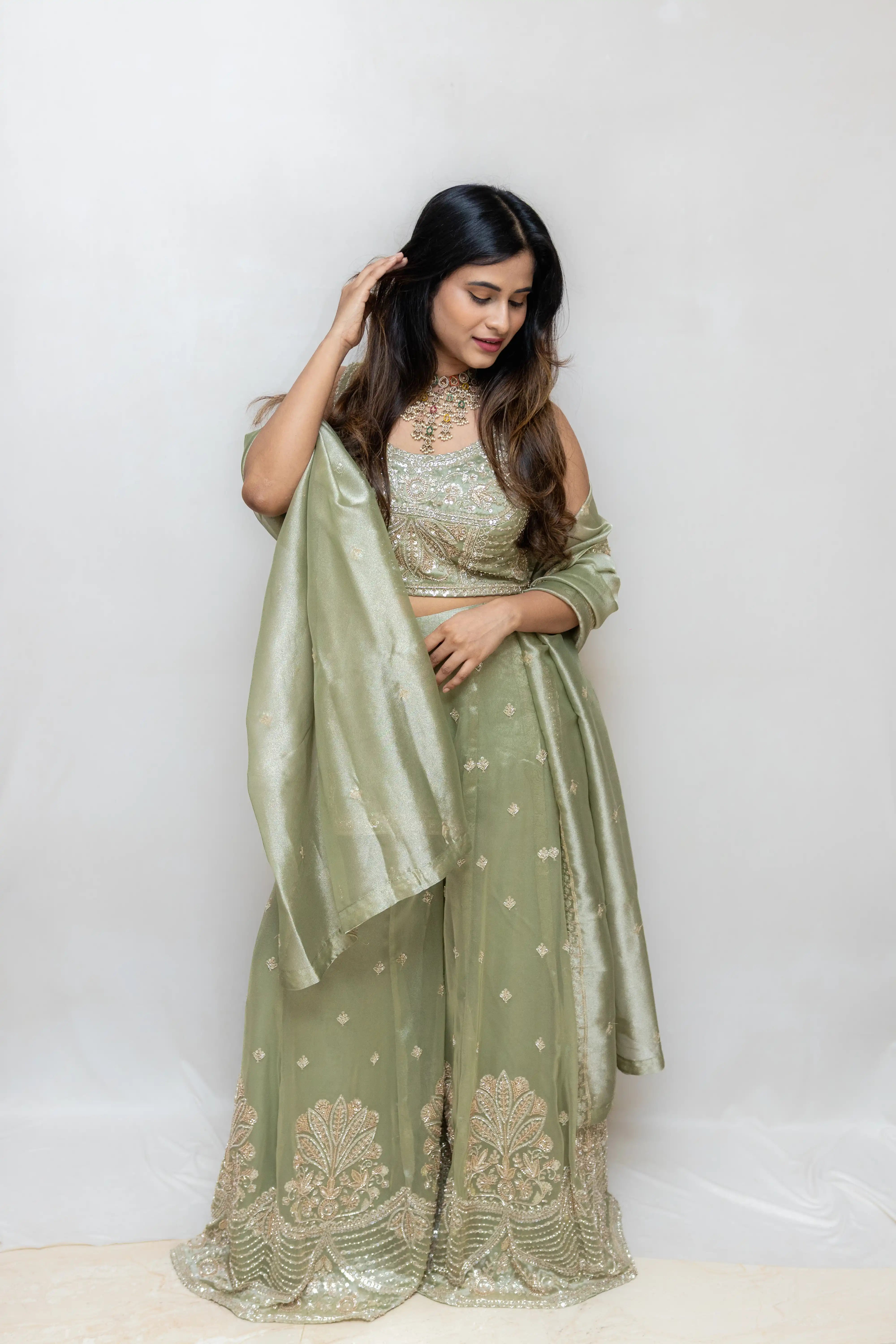 Cream Green Embroidered Lehenga Set