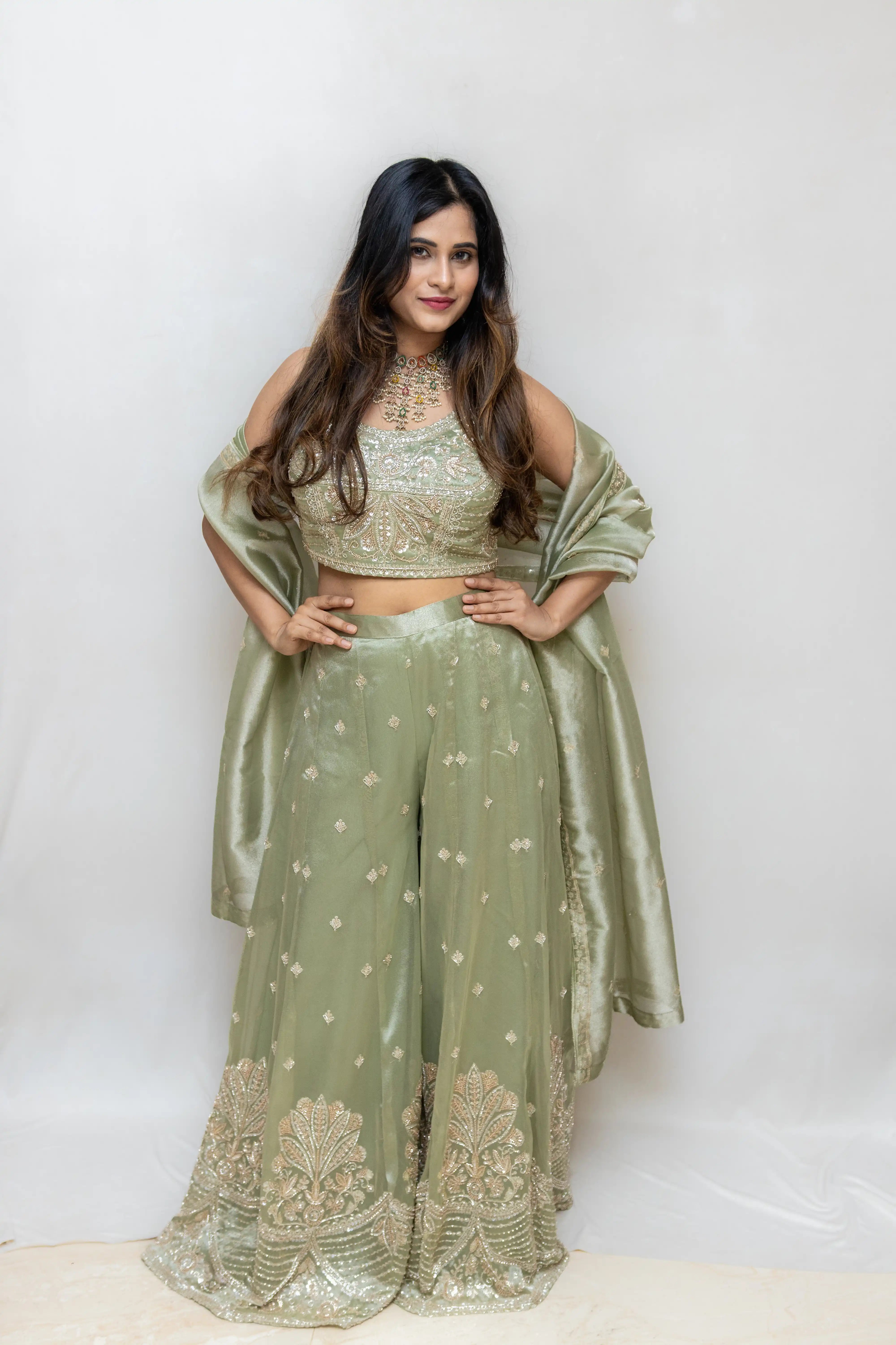Cream Green Embroidered Lehenga Set
